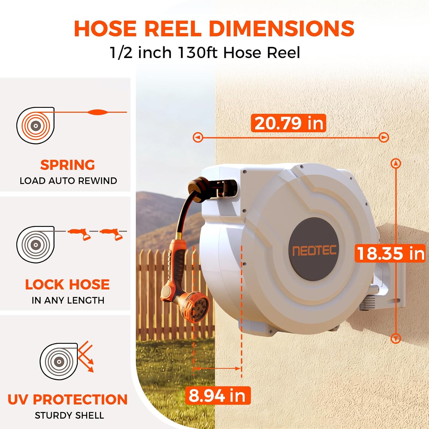 Upgraded Retractable Garden Hose Reel 1/2 inch x 130 ft 9 Pattern Nozzle Wall-Mounted Any Length Lock Automatic Slow Return 180° Swivel UV Resistant Heavy Duty Hose Reels for Outside