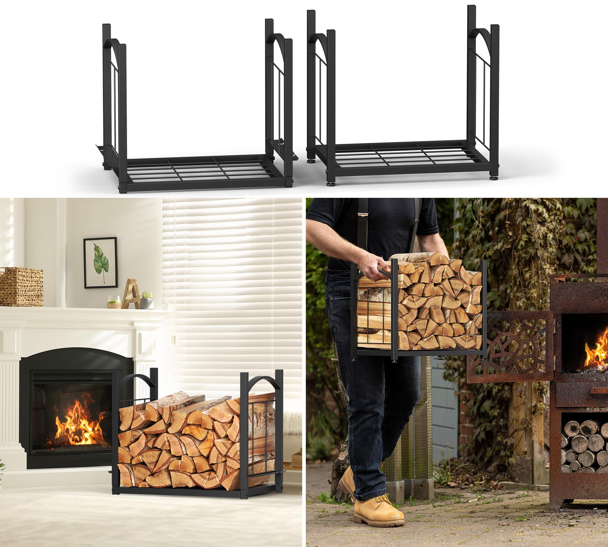 HFHOME Estantería para leña Interior y Exterior 2-en-1, Soporte para leña para almacenamiento de leña, Estantería para madera de fuego 78 x 46 x 32 cm con accesorios para estufa de leña, pala, escobas