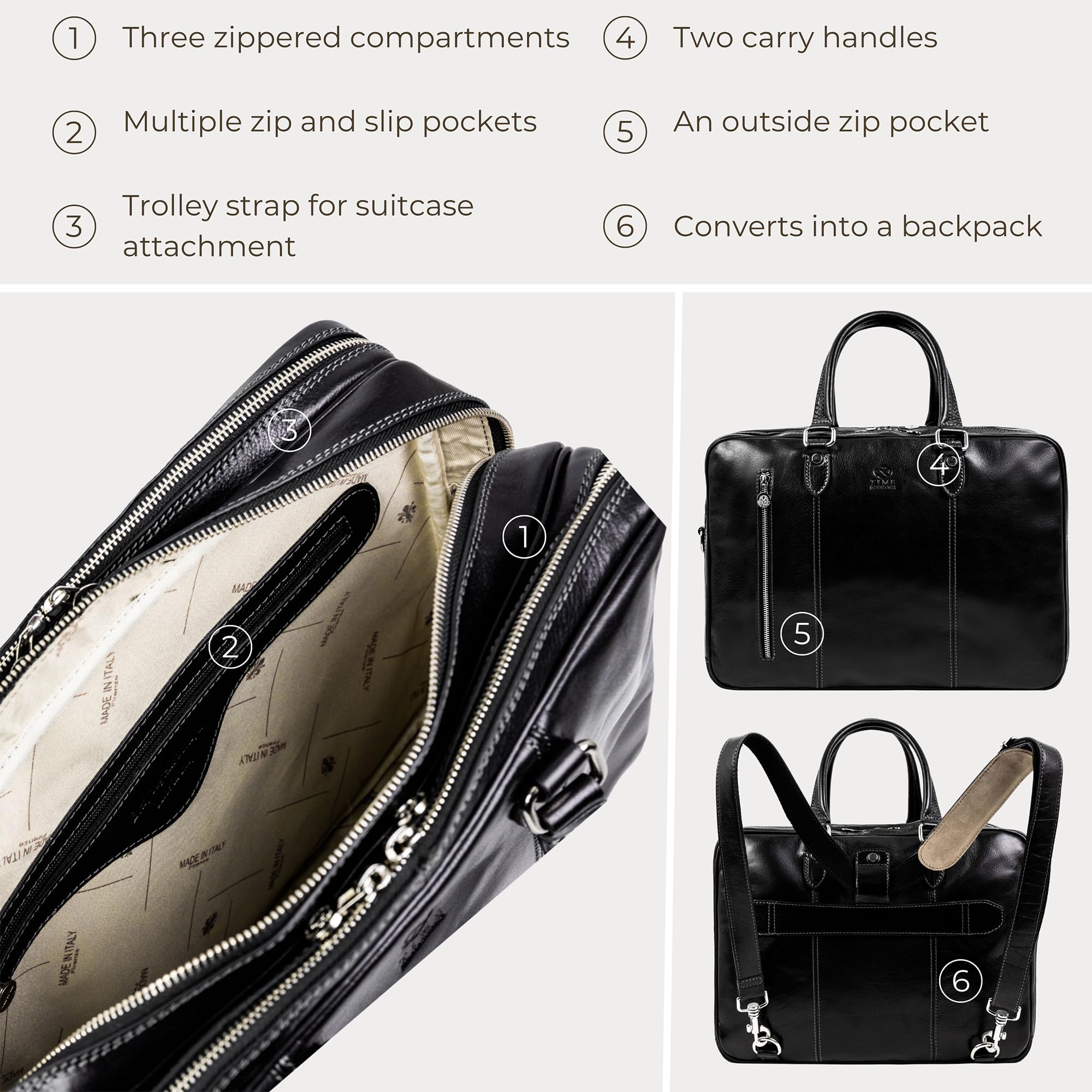 Time Resistance Bolso Bandolera para Hombre y Mujer de Piel - Maletín Portadocumentos de Mano en Cuero