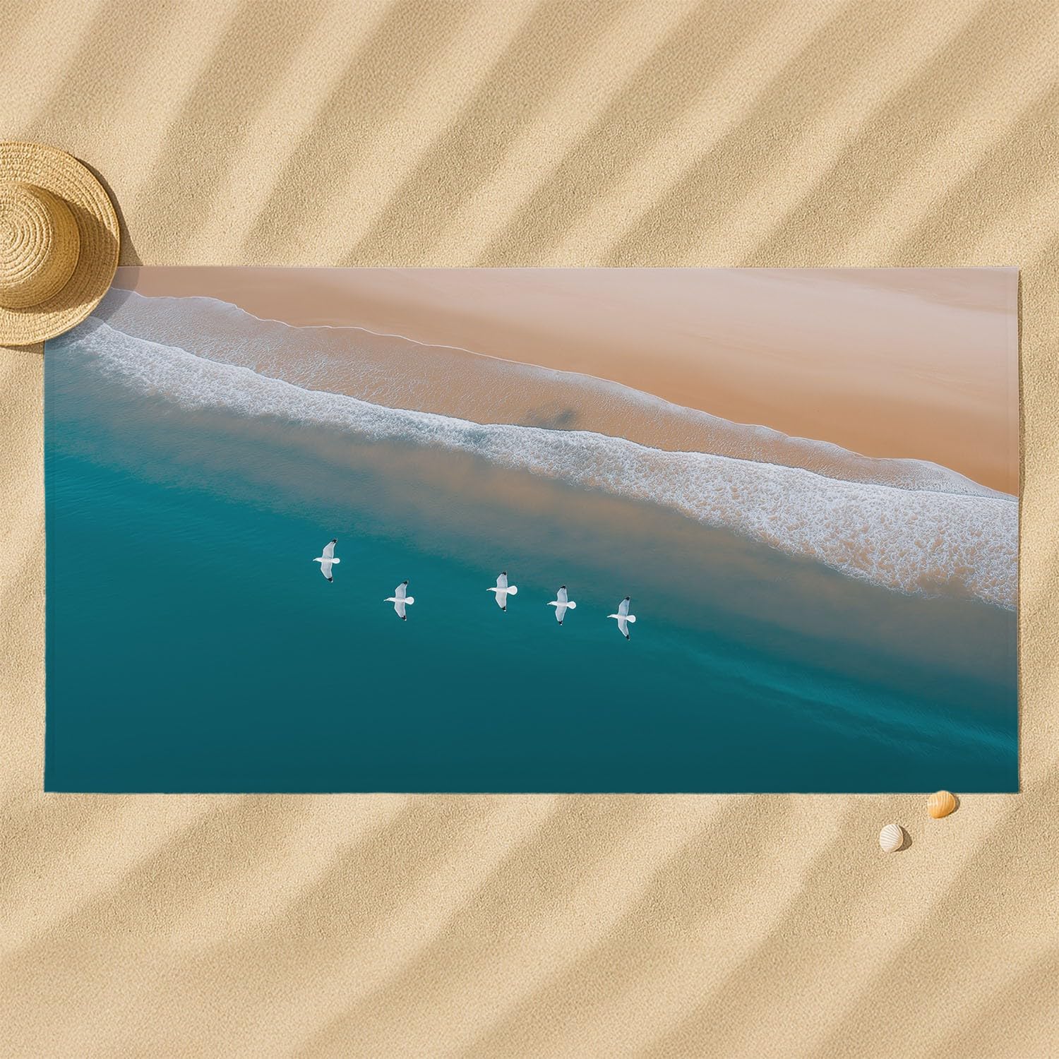 Générique Grande Serviette de Plage 180 x 160 CM,Drap de Plage Microfibre,Couverture de Plage Absorbante Rapide pour Goélands Littoral Sable Plage Vague Rafraîchissant Mer Paysage Minimaliste Marine