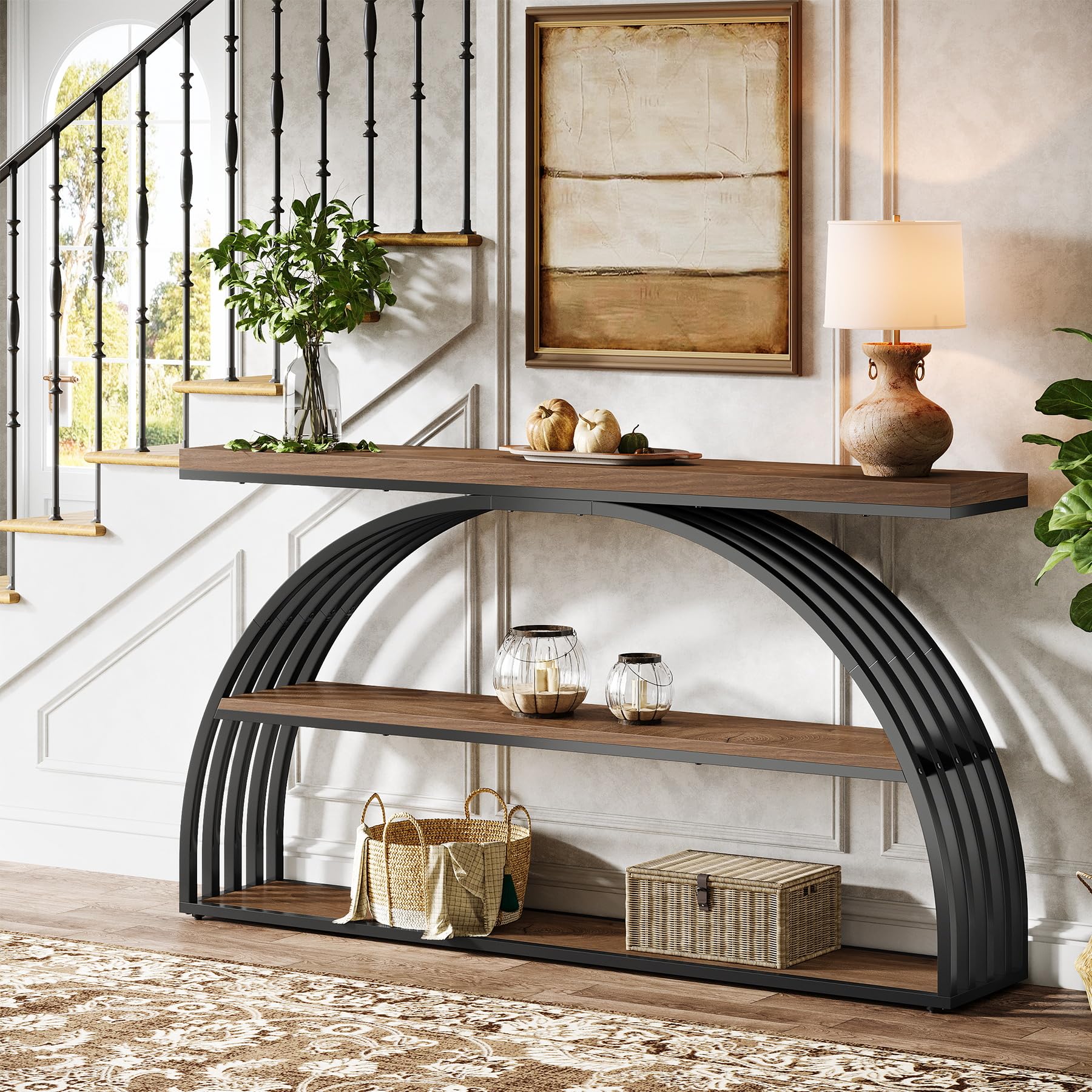 Tribesigns Konsolentisch für den Eingangsbereich, 160 cm Langer Tisch im Landhausstil mit gewölbtem Rahmen, 3-stufige industrielle Sofakonsolen hinter dem Sofa für Wohnzimmer, Flur, rustikales Braun