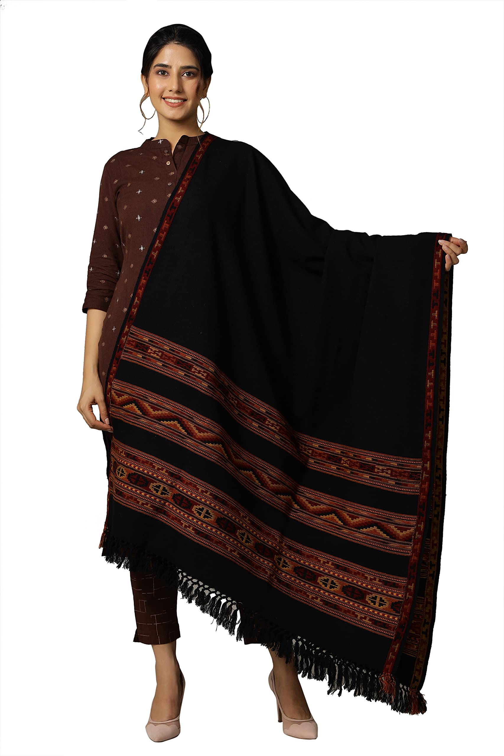 Ravaiyaa - Attitude is everything Jacquard Kashmiri Desiger Hand Woven Wool Shawl 80 x 40 inch (Black)-image-34