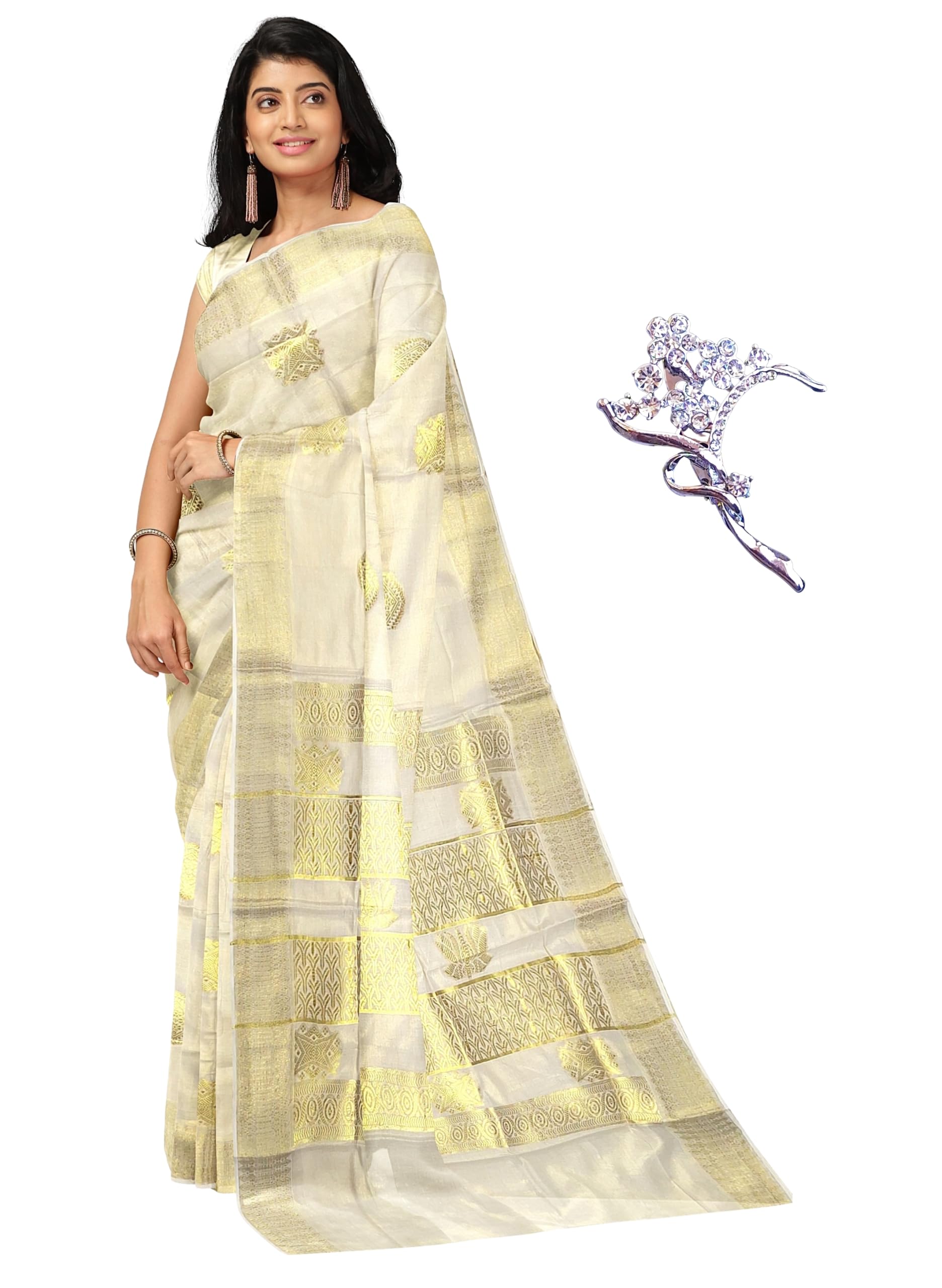 Women's Kerala Onam Kasavu Tissue Cotton Saree-With Blouse-image-5