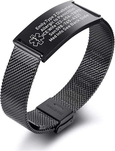 VNOX Medical Alert Bracelets for Men & Women Kids with Free Engraving Adjustable Stainless Steel Mesh Emergency Medical ID Bracelets Wristband