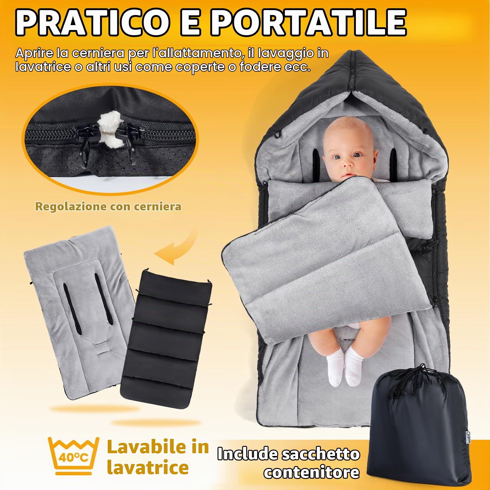Coprigambe Passeggino Universale, Imperméable Sacco Termico Passegginopour avec Fermeture Éclair Réglable, Inverno Sacco Passeggino Invernale, Amovible, Tissu Cationique Chaud, Nero Elegante