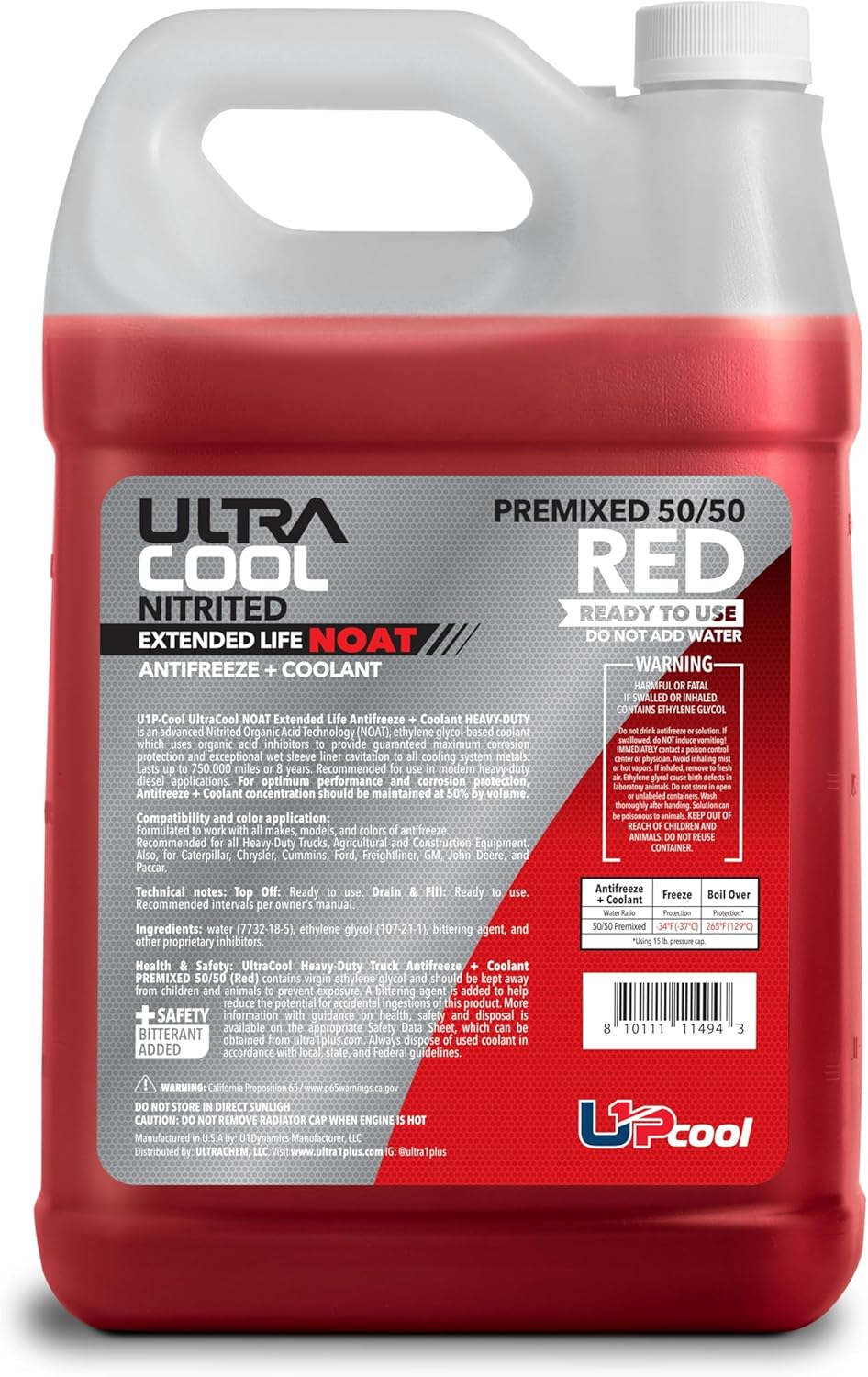 ULTRA 1PLUS Extended Life NOAT Nitrite and Molybdate HD Antifreeze + coolant 50/50 premixed (red) (50/50, 1 Gallon)