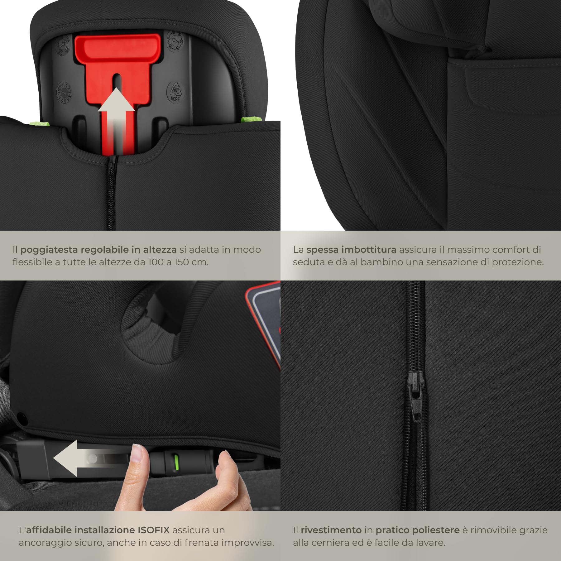 tectake® Seggiolino Auto i-Size con ISOFIX, Omologazione ECE R129, Protezione Impatti Laterali, Altezza Regolabile 100-150cm, Rivestimento Lavabile, Imbottitura Confortevole, Per Auto - Nero