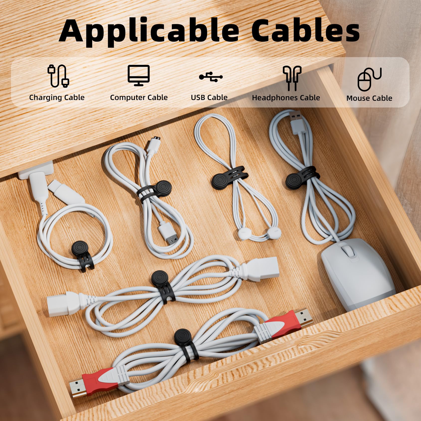 Xrkuu Magnetic Silicone Cable Ties, 8 Pieces Reusable Cable Organiser Clips, Cable Tidy Holder for USB Cables Charging Cords - Image 3