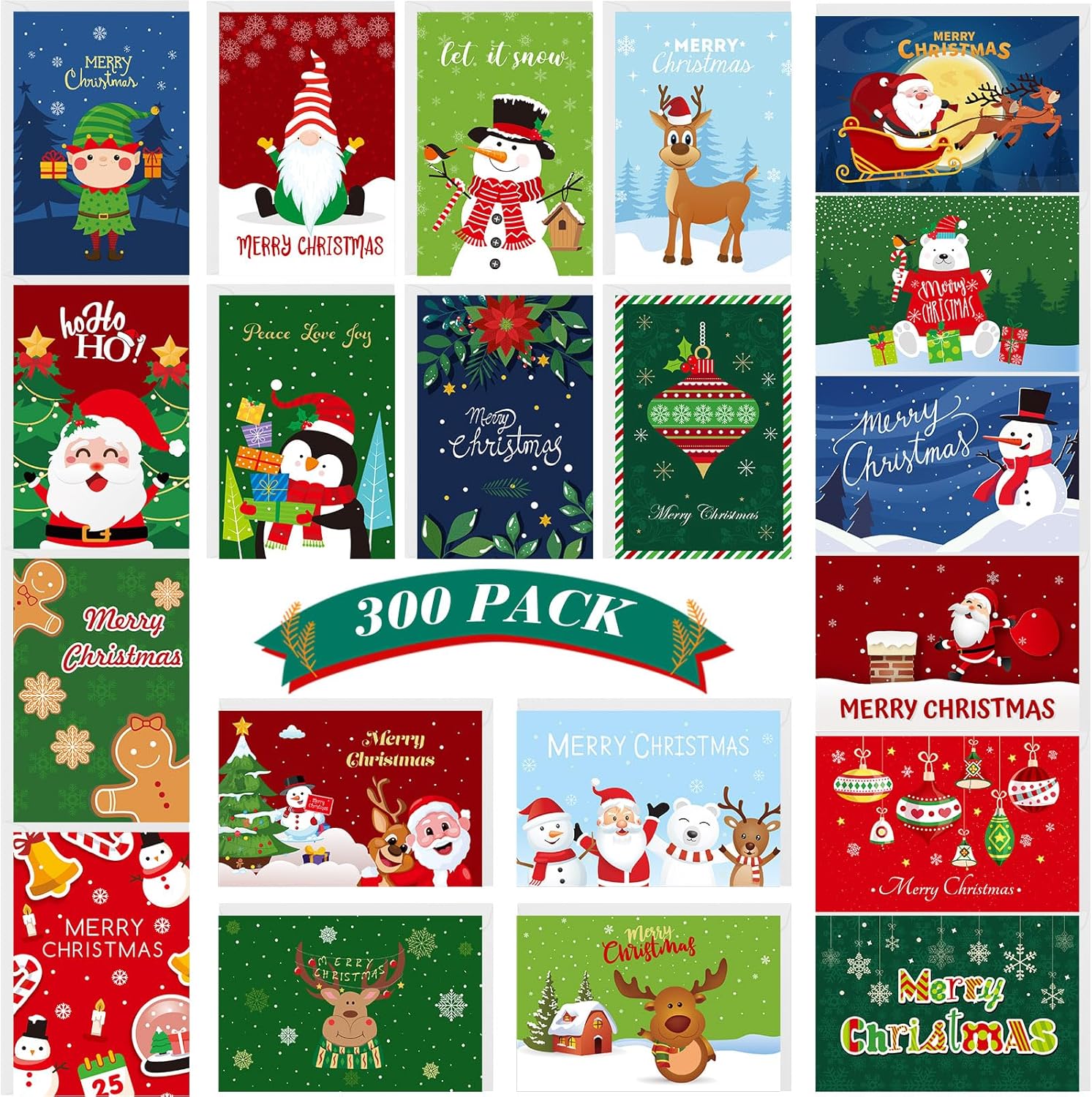 Crtiin 300 Set Christmas Cards Bulk Greeting Card with Red Envelopes Assortment Xmas Notes for Holiday Christmas Party Favor Supplies(Classic)