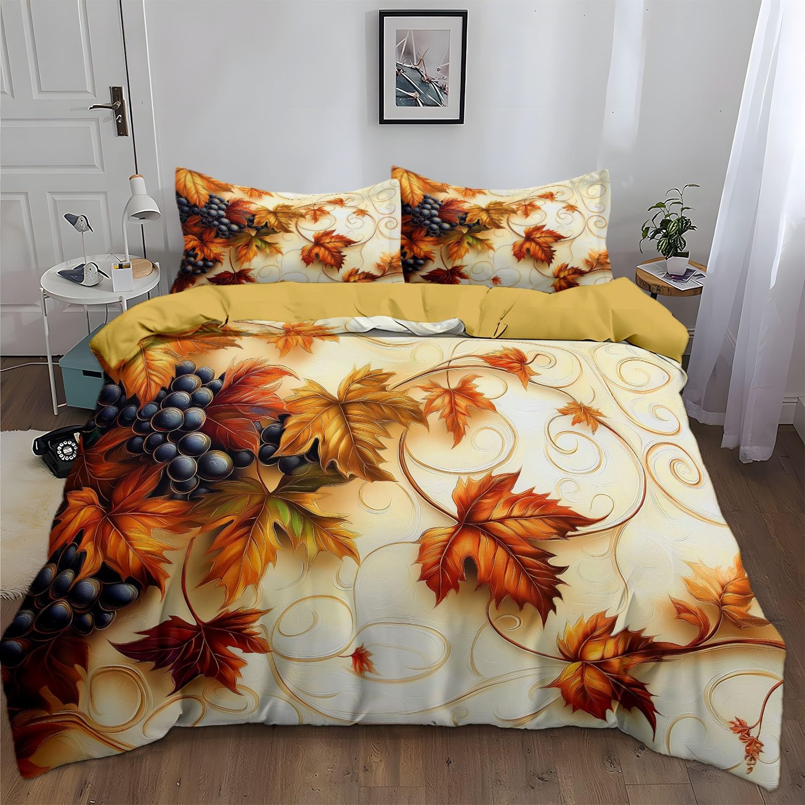 Poszwa na kołdrę 260 x 240 cm liście owoce jesienny zestaw farb olejnych, jasnożółta poszwa na kołdrę 2 osoby oddychająca mikrofibra z zamkiem błyskawicznym, 2 poszewki na poduszki 65x65cm
