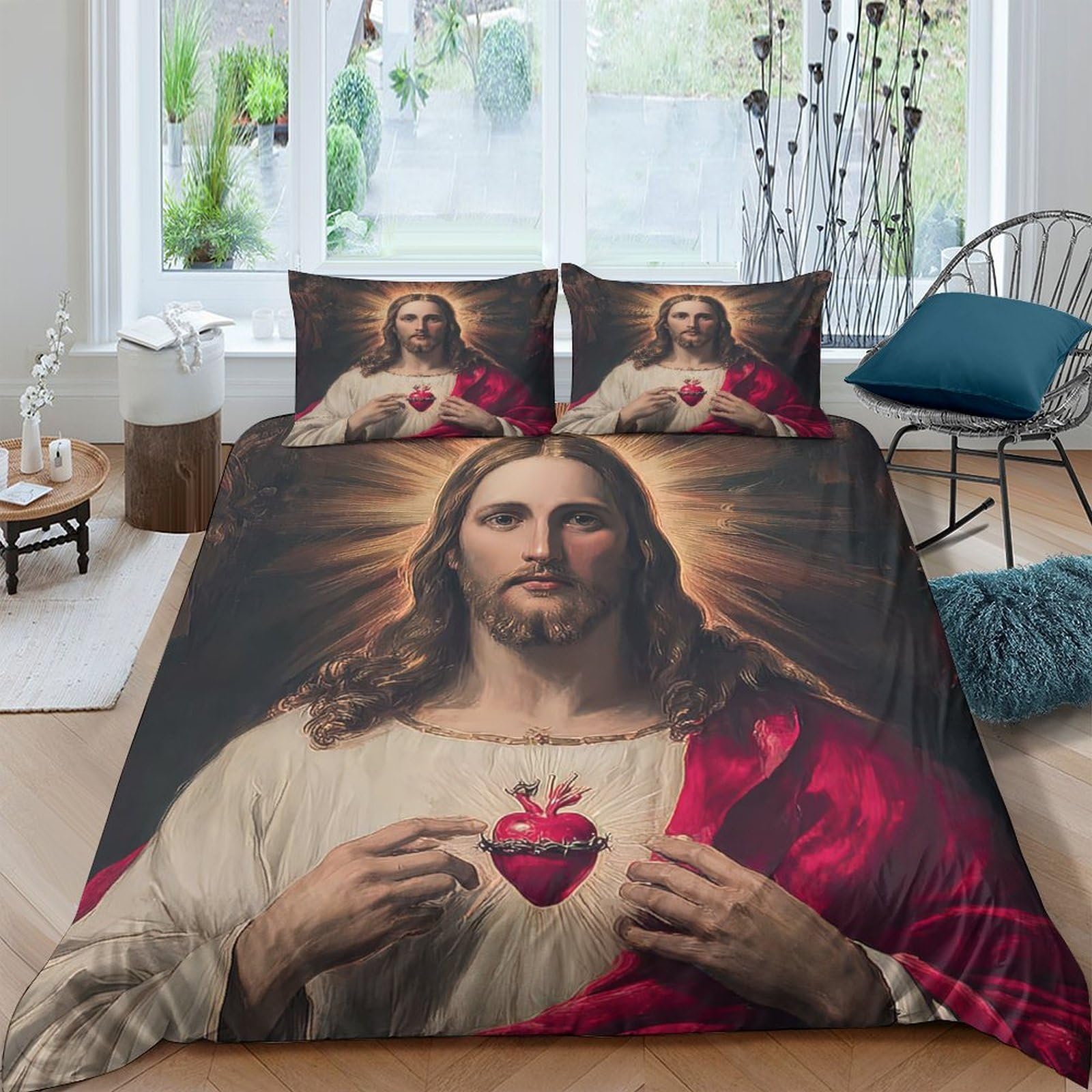 Ctjqhvkz Style-5 3D Printed Sacred Heart Art Fitted Sheet Microfiber Soft Red Gold Religious Mattress Cover For Bedroom Guest Room Decor Single（135X200cm）