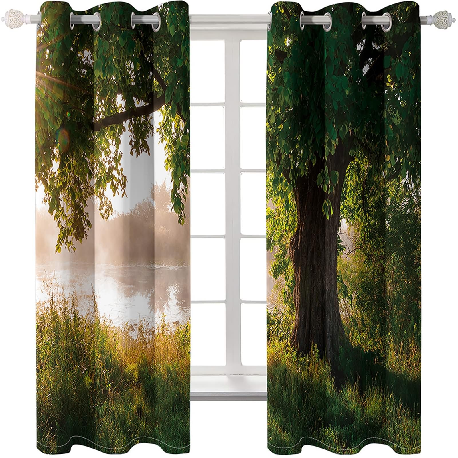 Gualiy Lot de 2 Rideaux Salon, Rideau Occultant Thermique Isolant Paysages de Lac et Arbres Rideau Vert 137x183cm
