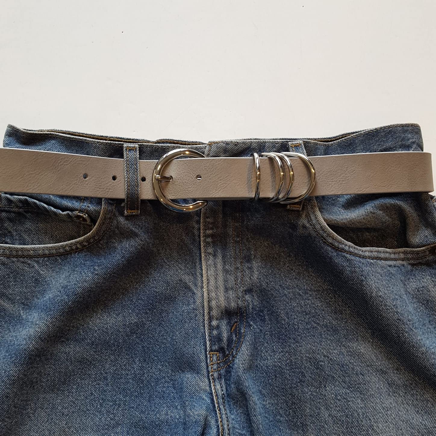 Axesoria Vegan Jean Belt with Silver Buckle and rings (L, Gray(Silver Rings))