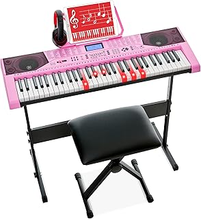 Best Choice Products Juego completo de piano de teclado electrónico para principiantes de 61 teclas con teclas iluminadas, pantalla LCD, auriculares, soporte, banco, modos de enseñanza, calcomanías