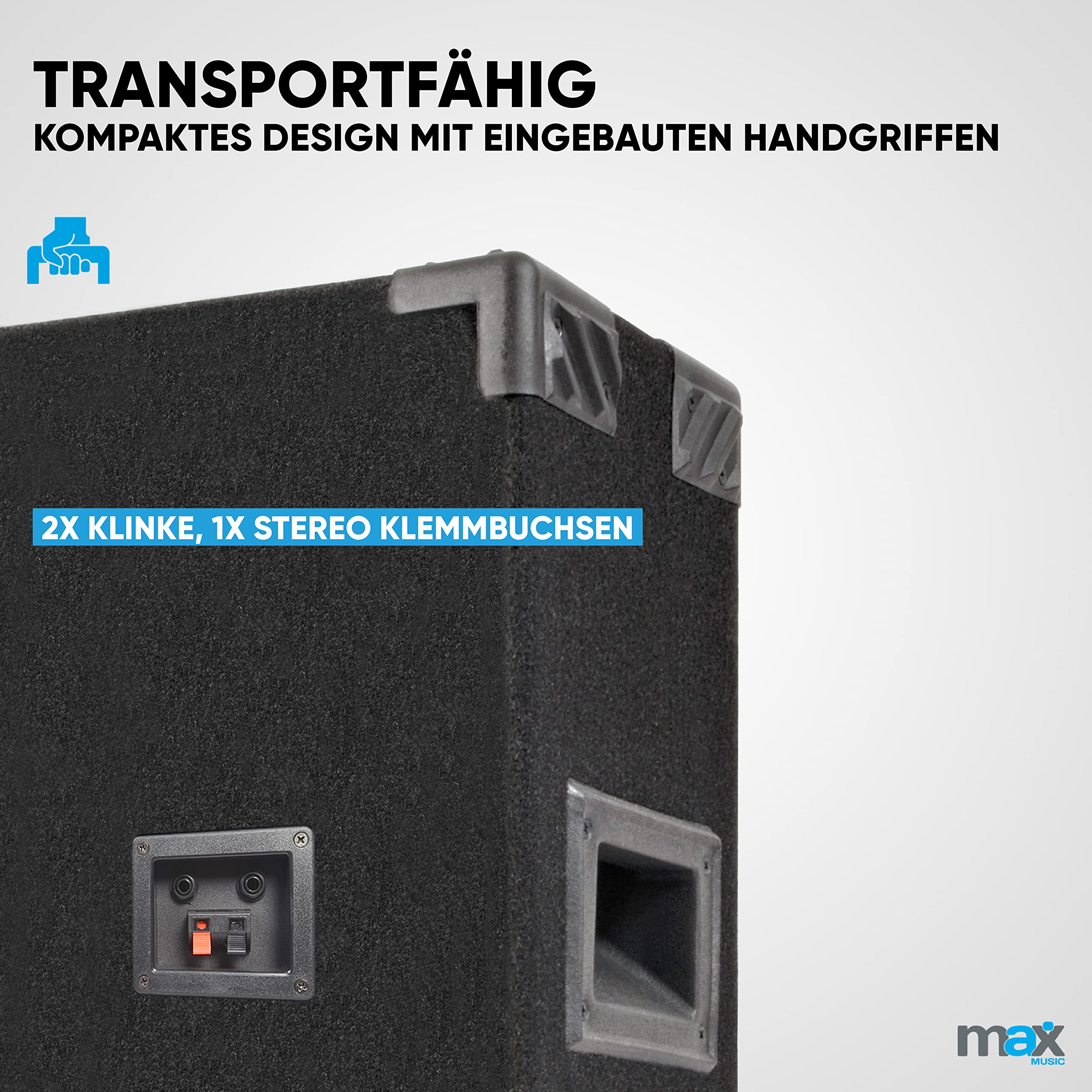 MAX MAX28 PA Lautsprecher passiv, DJ Boxen, 1600 Watt Peak, Partyboxen Set mit Griffe, 2 x 8 Zoll Doppel-Tieftöner, DJ Party Lautsprecher Paar, Lautsprecherbox, Schwarz