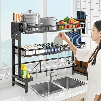 Over the Sink Extendable Stainless Steel Dish Drainer Rack Large Capacity Dish Stand Knife Stand Cutting Board Stand Multi-Function Storage Easy Assembly Kitchenware Washing Rack Over the