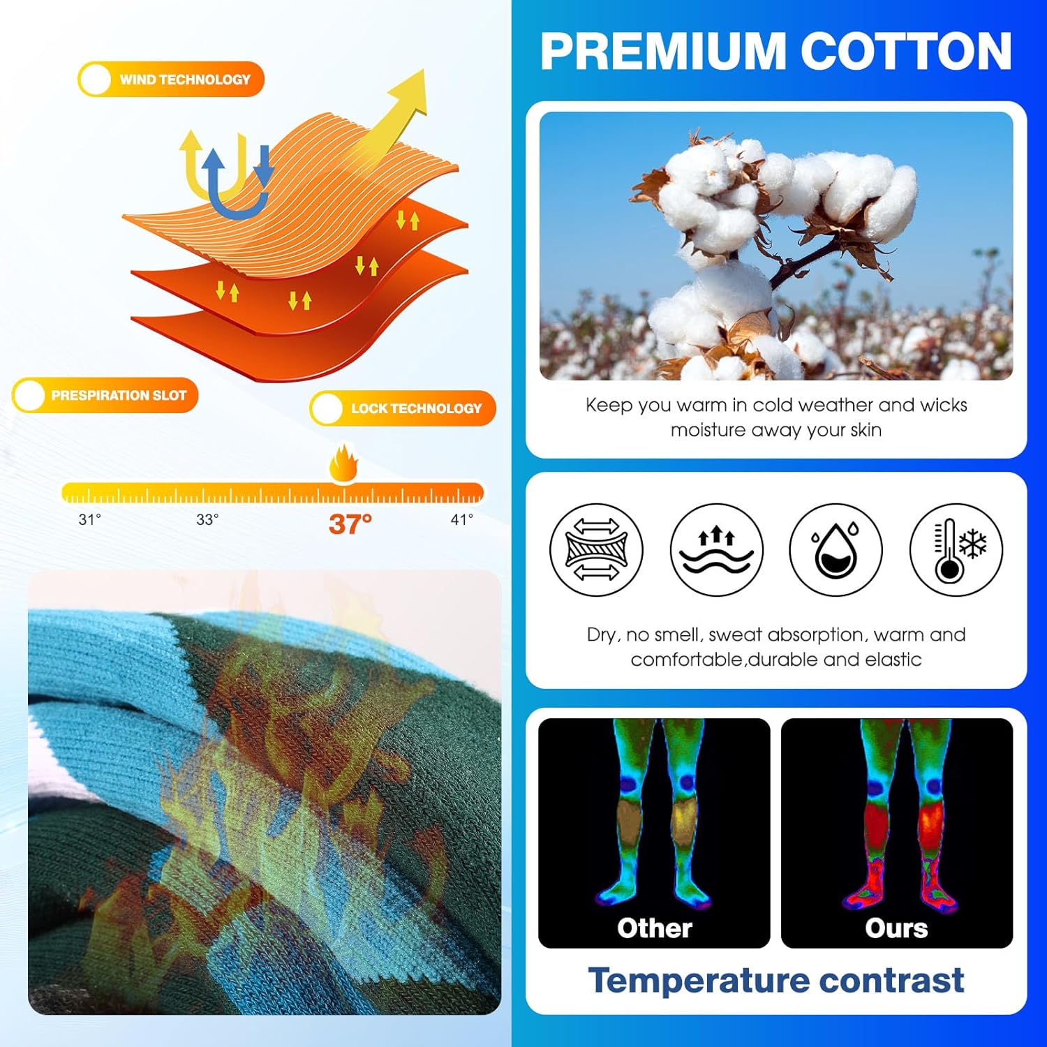 Ski Socks 2-Pack for Men - Thick Thermal Knee-High Warm Socks for Skiing, Snowboarding, Winter, Hunting - Image 3