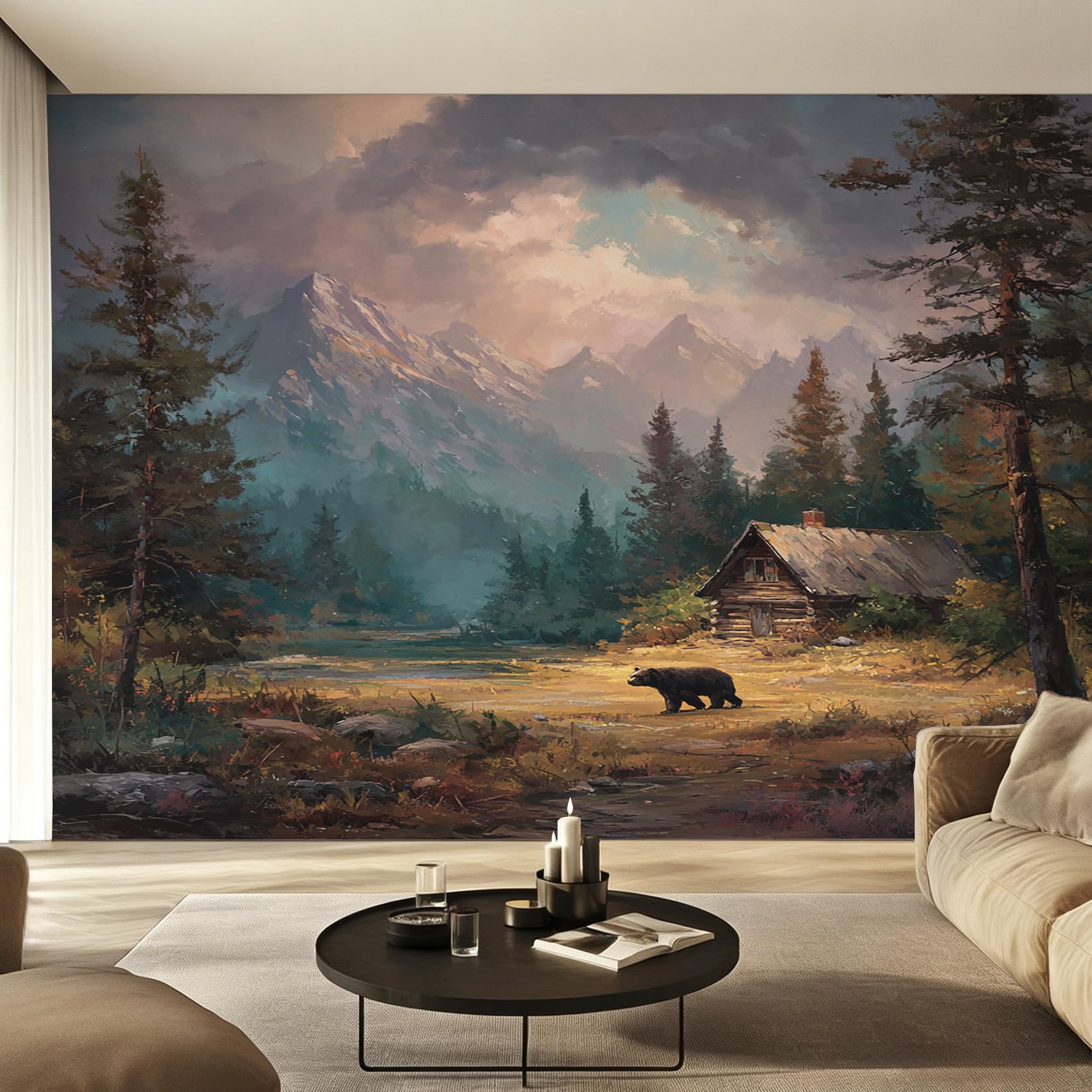 Papier peint panoramique montagne cabane rustique peinture à l'huile salon