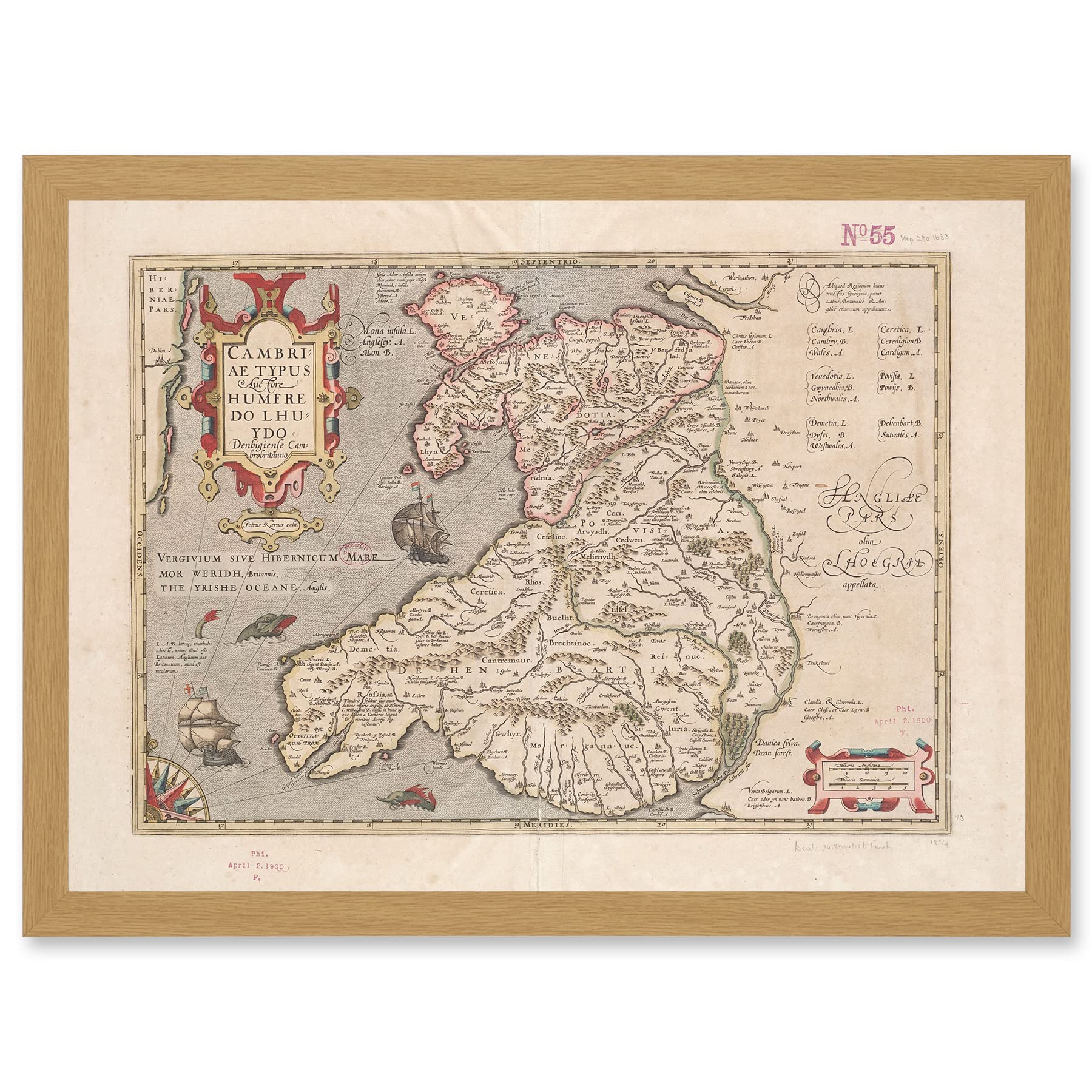 Hondius 1633 Welsh Latin Map - Early Map of Wales - Framed Wall Art Print - A4 Size