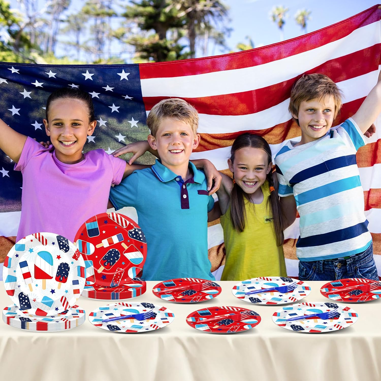 96Pcs 4th of July Party Supplies Summer Ice Pop Paper Plates and Napkins Patriotic Theme Disposable Tableware Set for American Independence Day Veterans Election Memorial Day Decor Serves 24