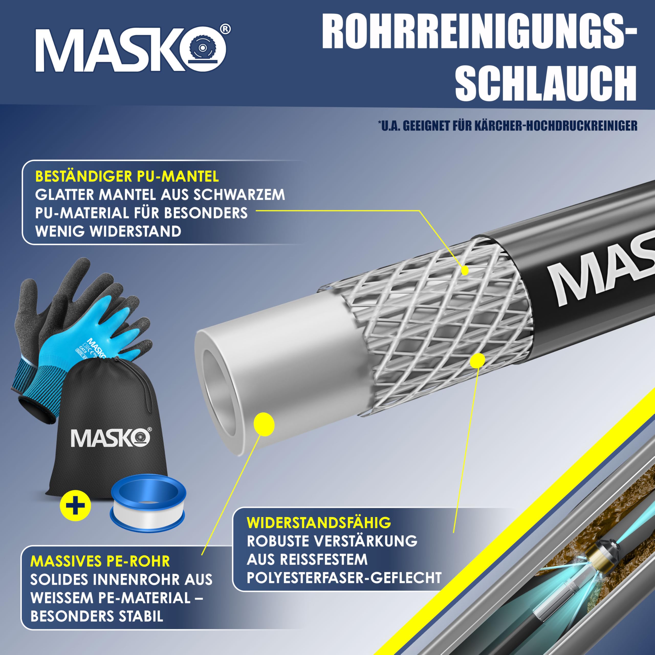 MASKO Rohrreinigungsschlauch Set 15m 200 bar kompatibel mit Kärcher K2-K7 LAVOR Hochdruckreiniger