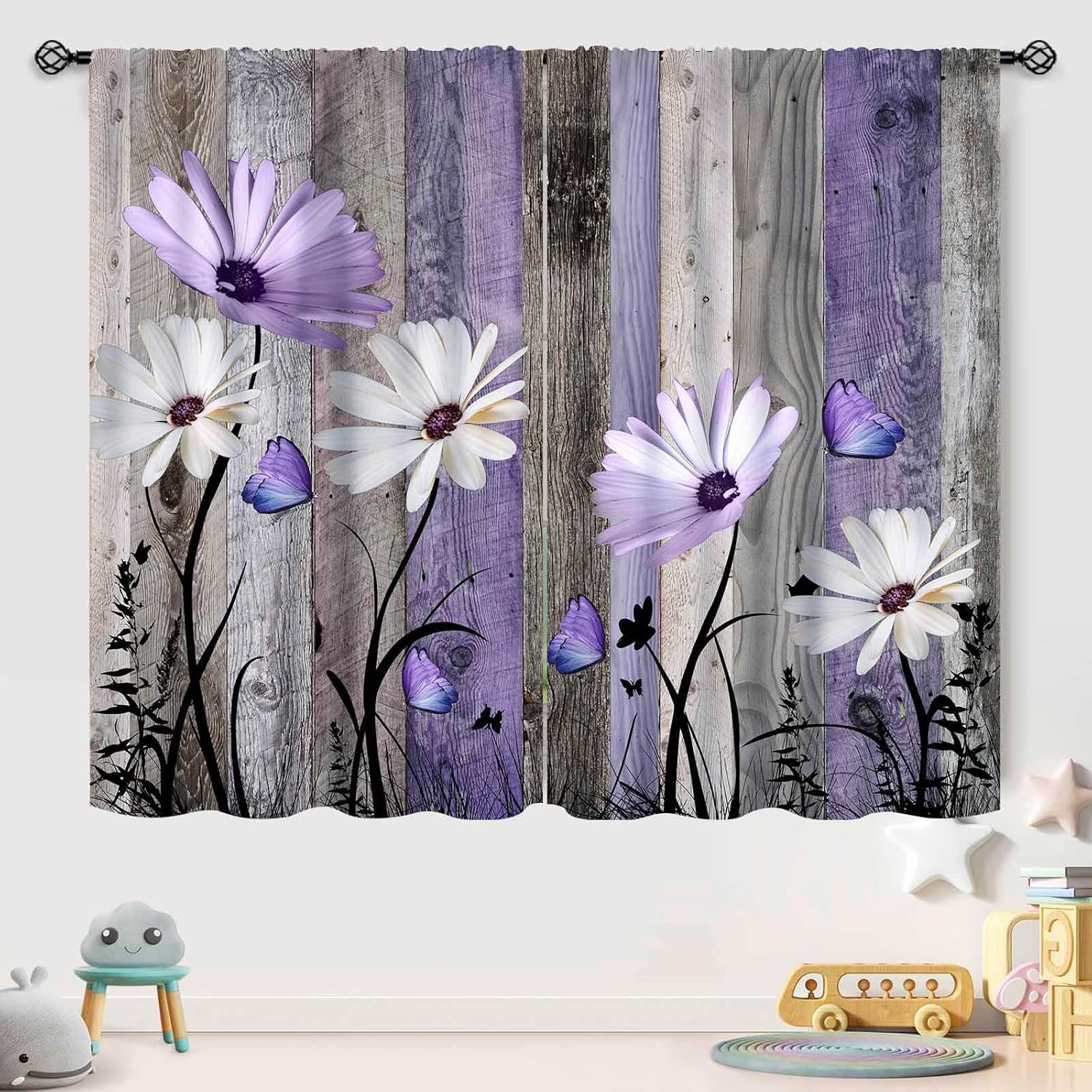 Farmhouse Daisy Kitchen Curtains,Retro Rustic Plank Background Purple Flower Butterfly Country Barn Drapes Treatment for Bedroom Living Room Bathroom Window 21" W x 63" L,2 Panel Set