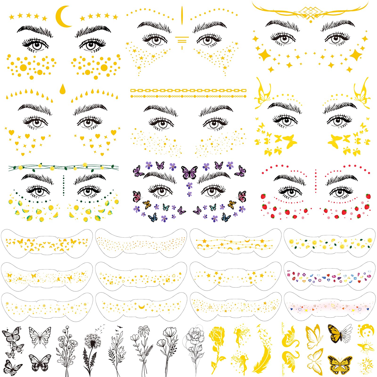 60 Sheets Face Temporary Tattoos, Metallic Fake Tattoos for Women, Men, Kids, Waterproof, Festival, Cosplay, Halloween