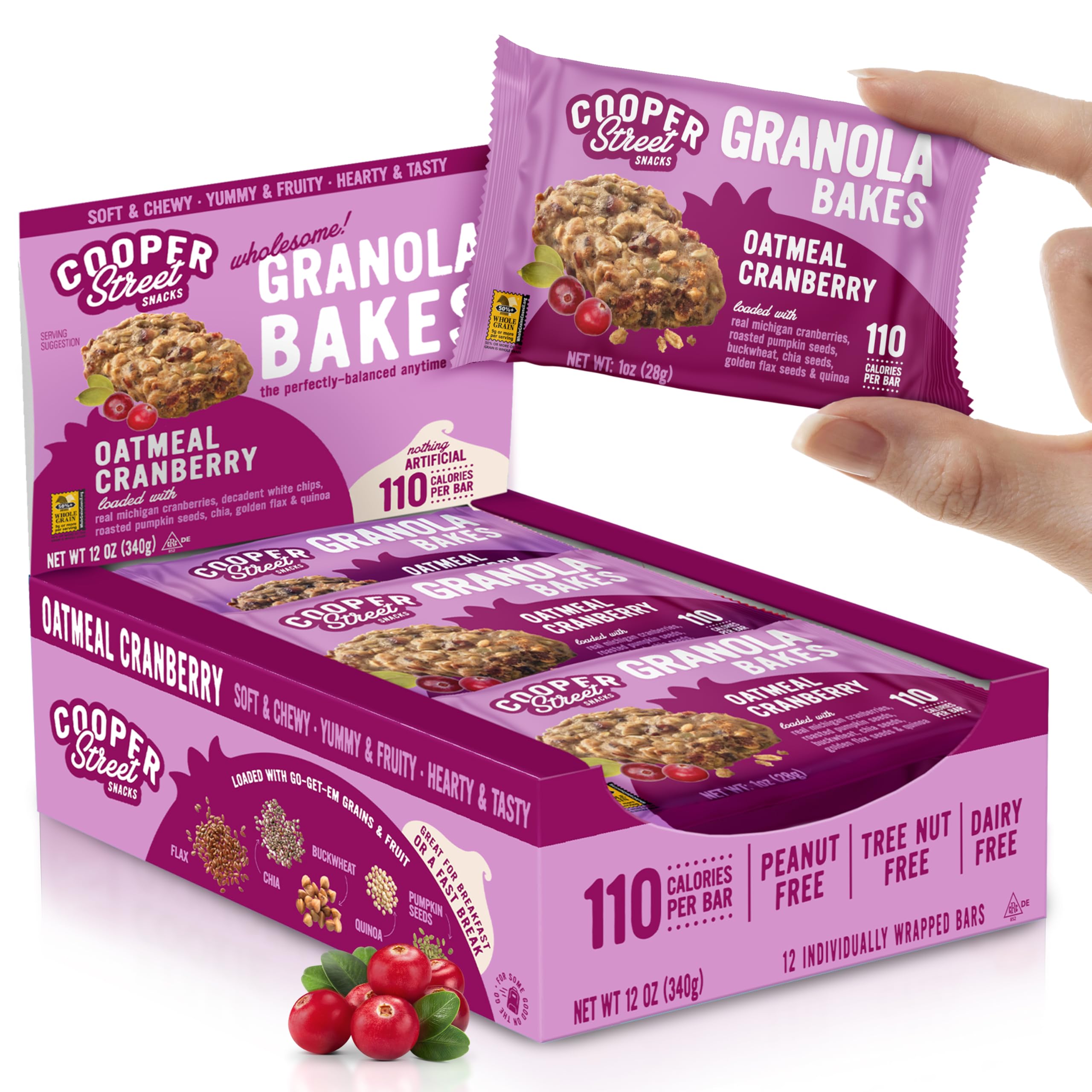 Cooper Street Oatmeal Cranberry Granola Bakes (12 pack) - Individually Wrapped Soft and Chewy Breakfast Granola Bars - Nut, Dairy & Soy Free - Great As Kids Snacks For School, Hiking Or Lunchbreak