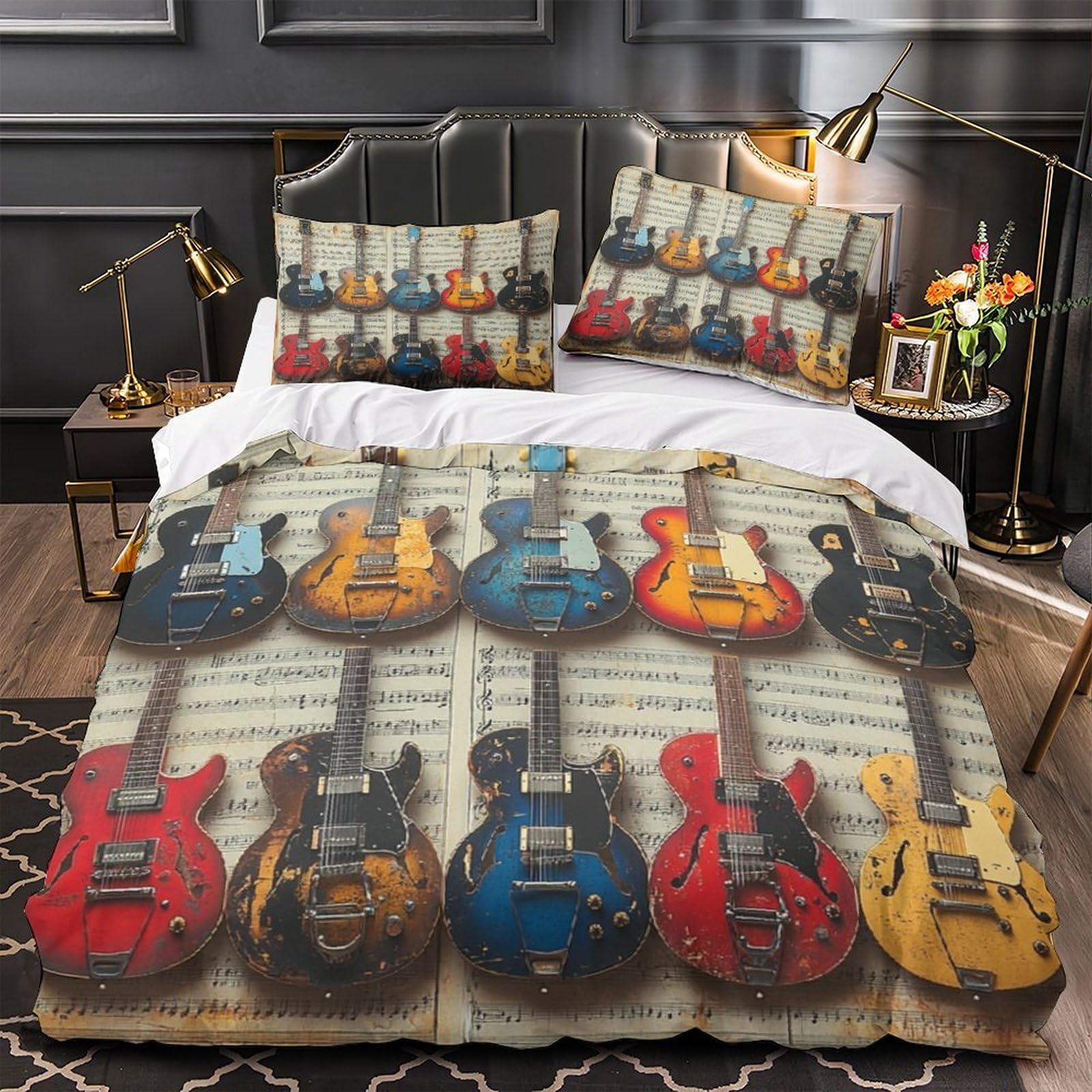 Parure de lit instruments de musique rétro 140x200 pour lit simple ado avec fermeture