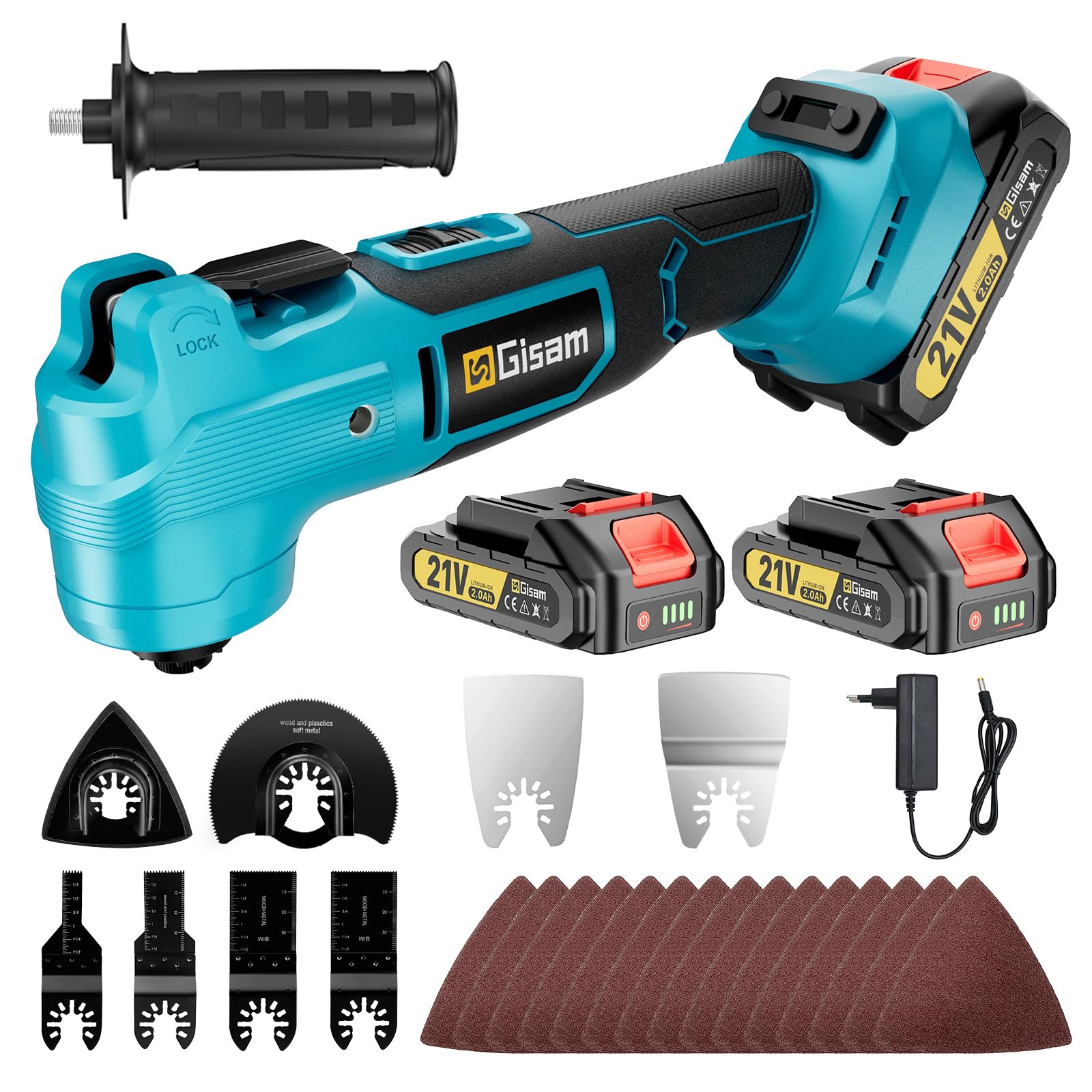Gisam Multiherramienta con 2 baterías de 2,0 Ah, herramienta oscilante sin escobillas, multiherramienta para ángulo de giro de 4°, juego de accesorios de 23 piezas, 7 variables, multimaster para