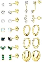 BESTEEL 12 Pairs Hypoallergenic Flat Back Earrings 14K Gold Plated Surgical Steel Stud Hoop Sets for Cartilage Tragus Women