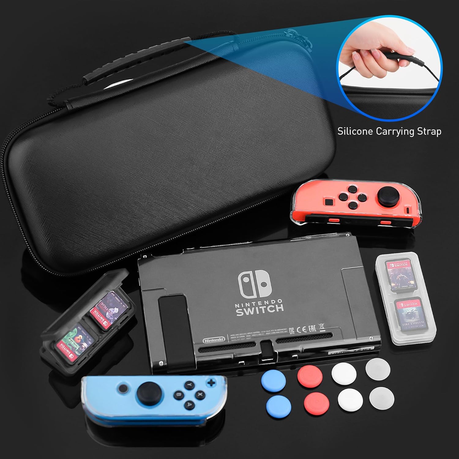 FANPL Case for Nintendo Switch, 15 in 1 Accessories Bundle, Carrying Cover for Switch and Joy Con Controller with Clear Hard Flip Protective Skin, Screen Protector, 6 Thumb Grips, 2 Game Storage Case - Image 7