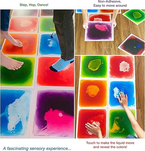 Miniatura 4 de Azulejos sensoriales para suelo, paquete de 4 (11.8 x 11.8 pulgadas cada uno), tapete de juego de azulejos líquidos coloridos para niños