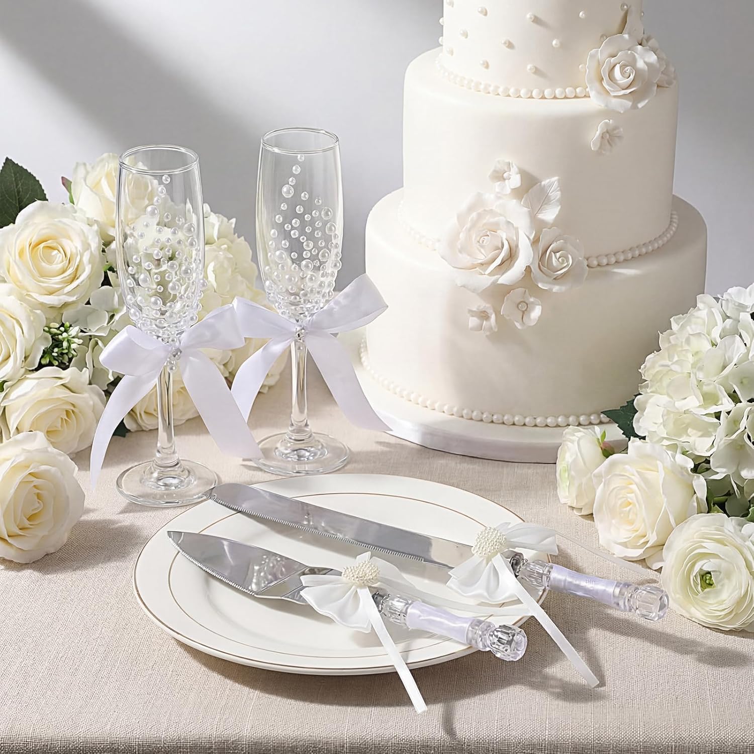 Boao Pearl Wedding Champagne Flutes and Cake Knife Server Set of 4, Champagne Flutes Toasting Glasses with Pearls for Bride and Groom Engagement Anniversary Bridal Shower Gifts(Bow,White)