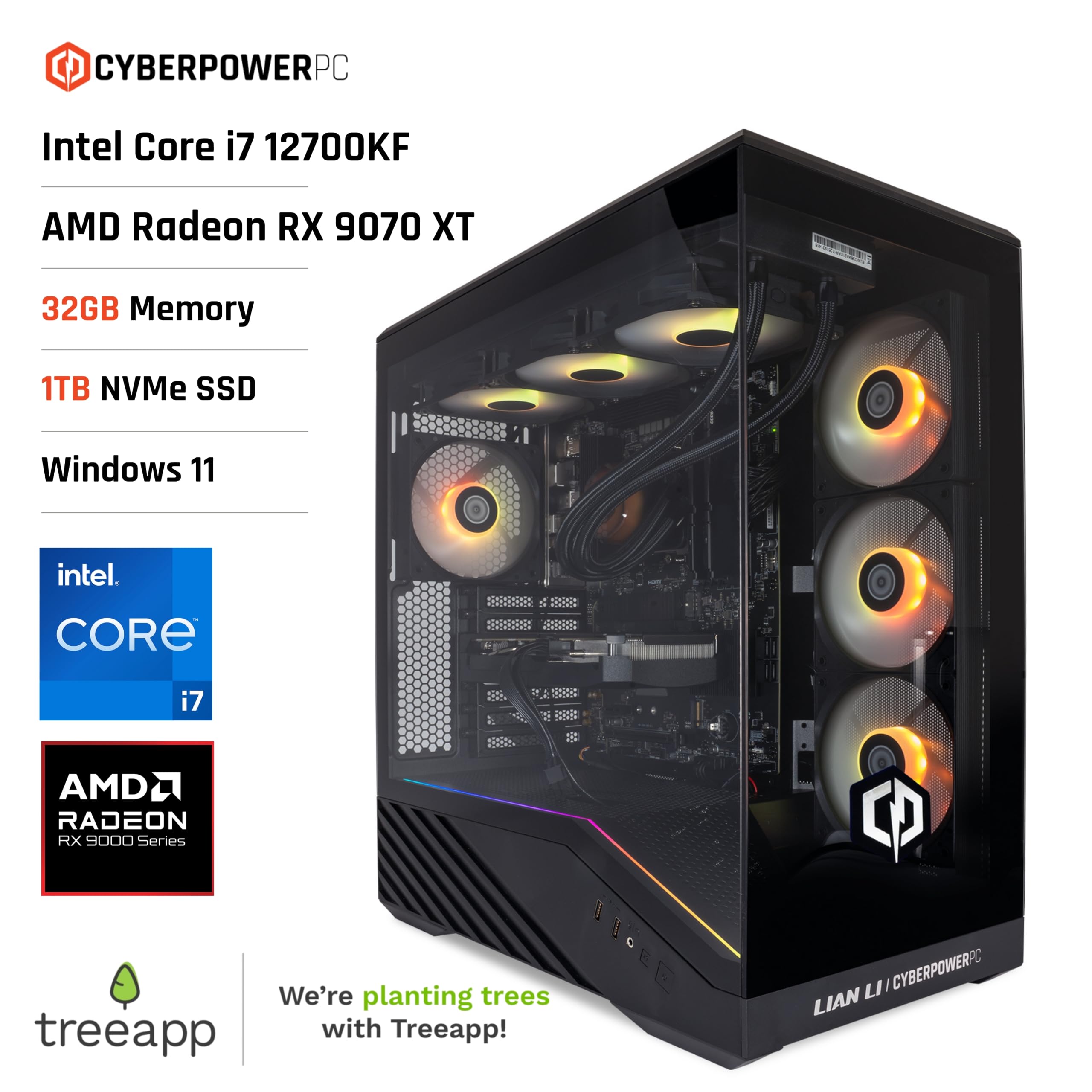 CyberPowerPC Luxe Gaming PC - Intel Core i7 12700KF, AMD RX 9070 XT, 32GB RAM, 1TB NVMe SSD, 750W PSU, Windows 11, Liquid Cooling, V100R