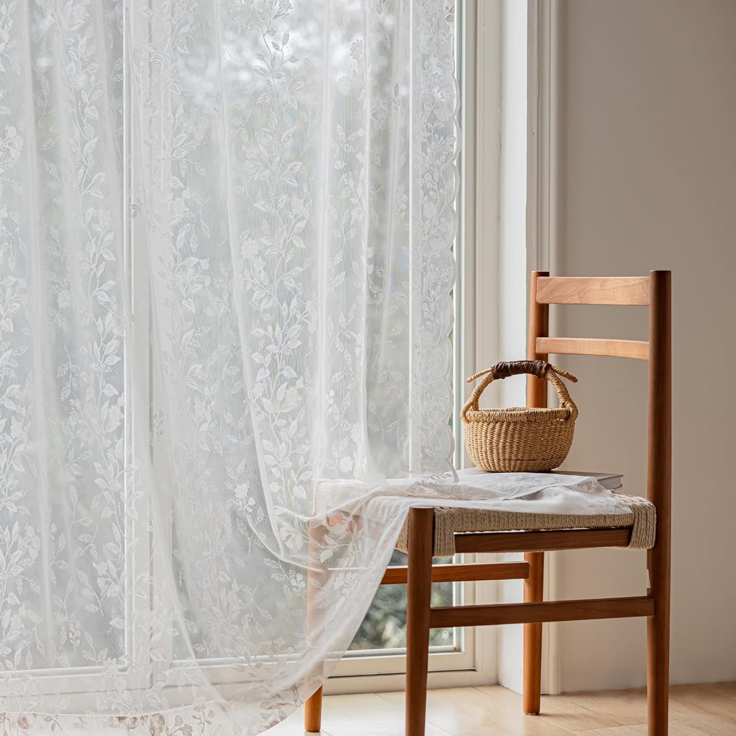 102 Inch Long Curtains for Living Room Bedroom, Rustic Leaf Floral Design Lace Curtain Panels, Rod Pocket Farmhouse Privacy Window Sheer Curtains, 55 x 102 Inch, 2 Panels, Ivory