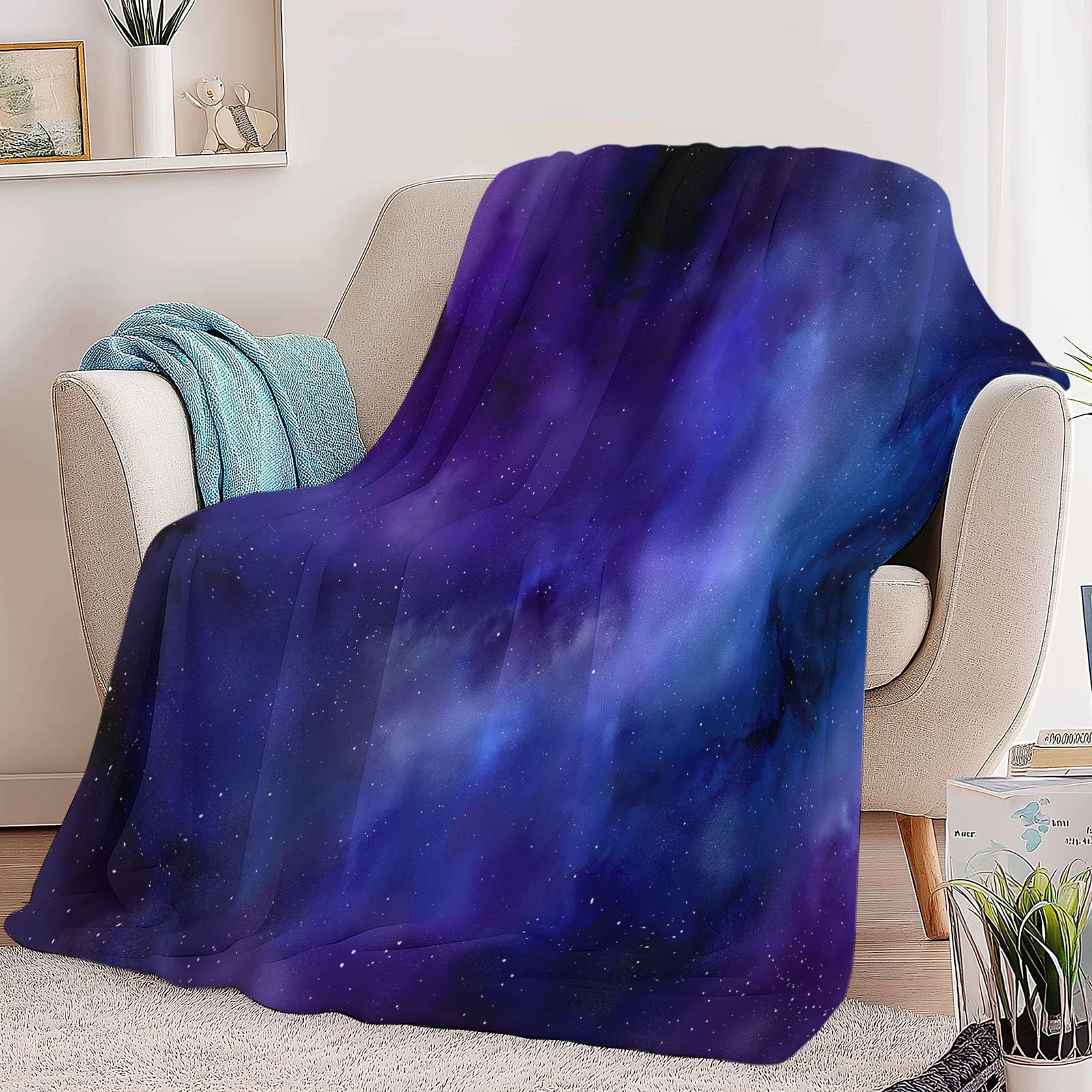 Genérico Manta de Franela de Forro Polar para Niños y Adultos 200 x 200 cm, Mantas para Sofa Estampado Surrealismo Galaxia Estrellas - Manta Azul Morado Suave Cálida Transpirable Ligera
