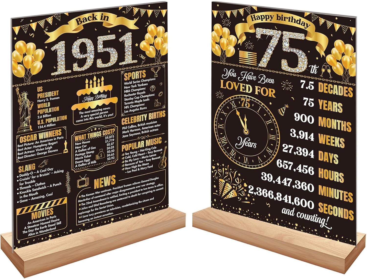 Black Gold 75th Birthday Decorations for Men Women VintageWooden Two-Sided Back in 1951 Birthday Table Sign Poster with Stand Cheers to 75 Years Birthday Anniversary Theme Table Decor Display Holder
