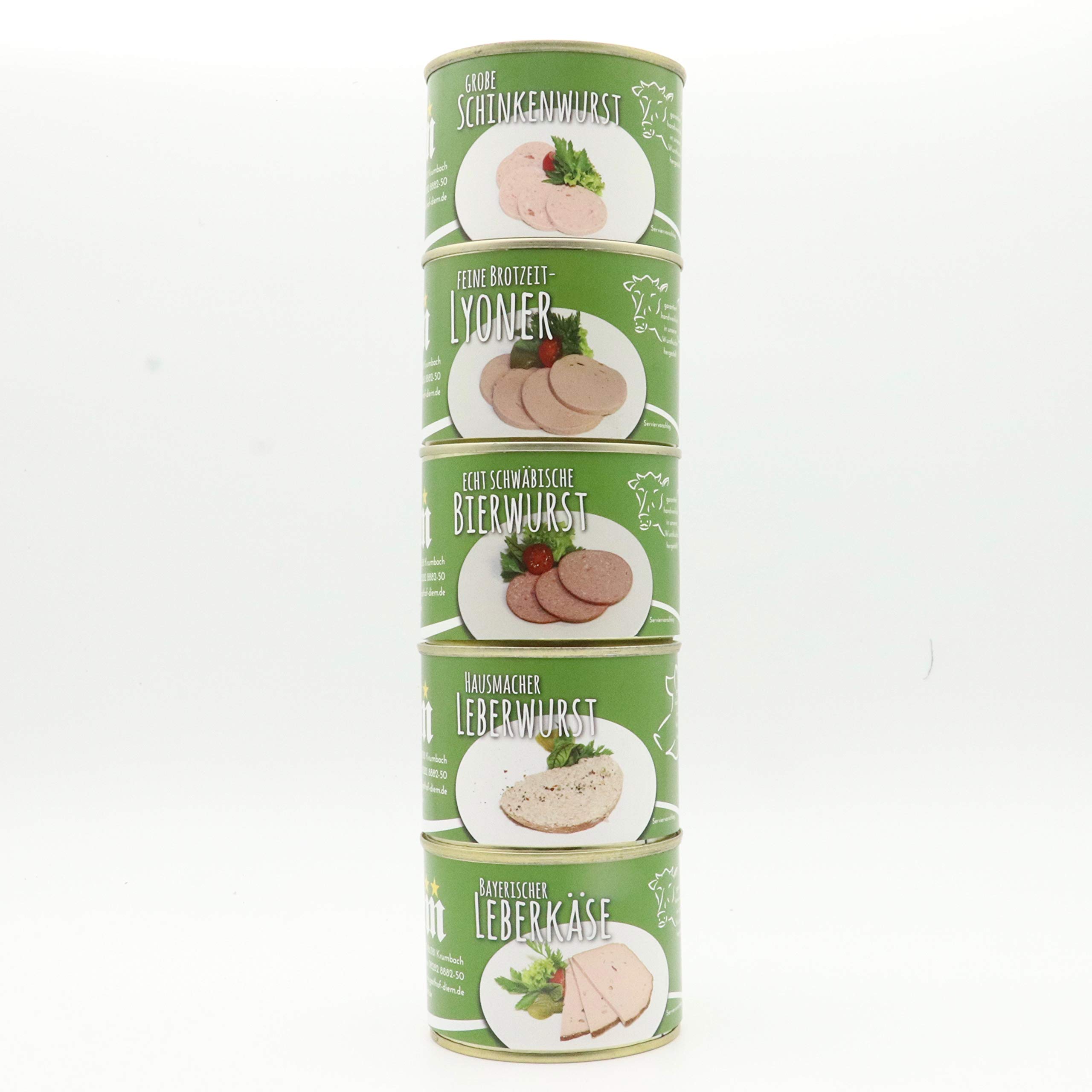 Bayernturm / 5 Dosen (Leberkäse, Bierwurst, Lyoner, Schinkenwurst, Hausmacher Leberwurst 5 x 200g