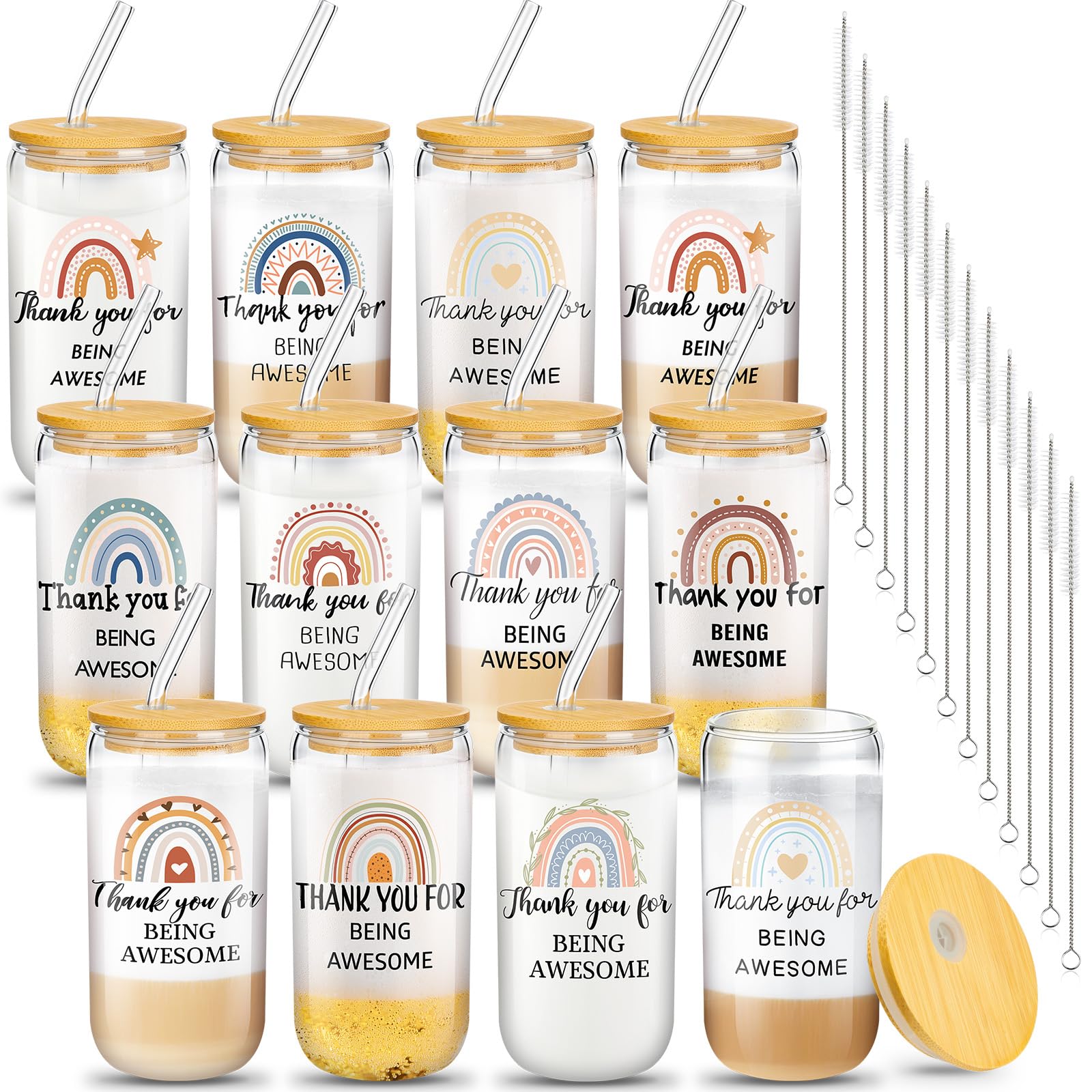 12 Set Employee Appreciation Gifts Thank You Gifts for Christmas Staff Coworker Thank You Glass Cups 16 oz Can Shaped Beer Glass with Lids Straws Brushes(Boho Style)