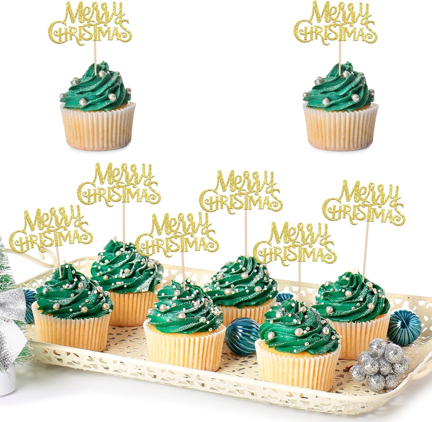 Pack of 24 Gold Merry Christmas Cupcake Toppers - Xmas Theme Cake Decorations