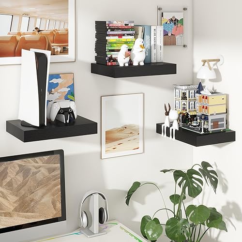 Miniatura 2 de Estantes flotantes profundos  Juego de 2 estantes flotantes negros de 16 pulgadas  Estantes de pared negros de 12 pulgadas de profundidad  Estantes