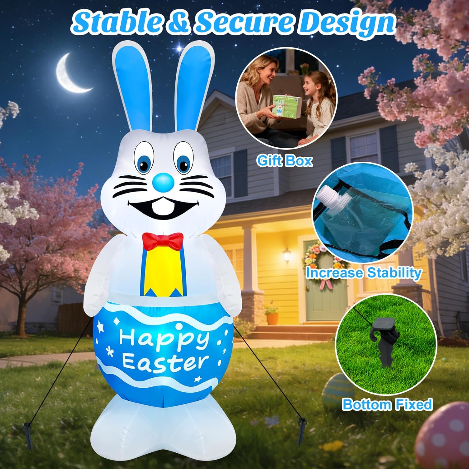 MICOCAH 5FT Tall Easter Inflatable Bunny Outdoor Decoration, Cute Blow Up Rabbit Yard Decoration with Colorful LED Lights, Spring Blowups for Lawn, Garden, Patio, Holiday, Party