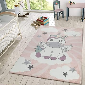 Paco Home Kids Rug for Girls Bedroom Unicorn Design Area Rug Pastel Colors in Modern Pink, Size4 x 57"