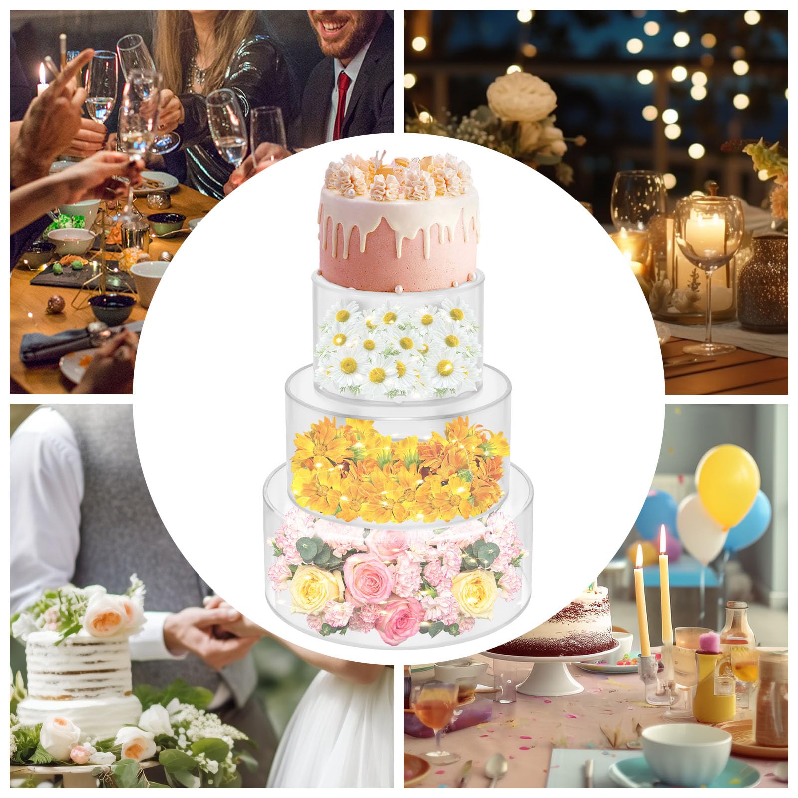 Lot de 3 supports à gâteaux en acrylique transparent avec bandes lumineuses LED pour mariage, anniversaire, fête