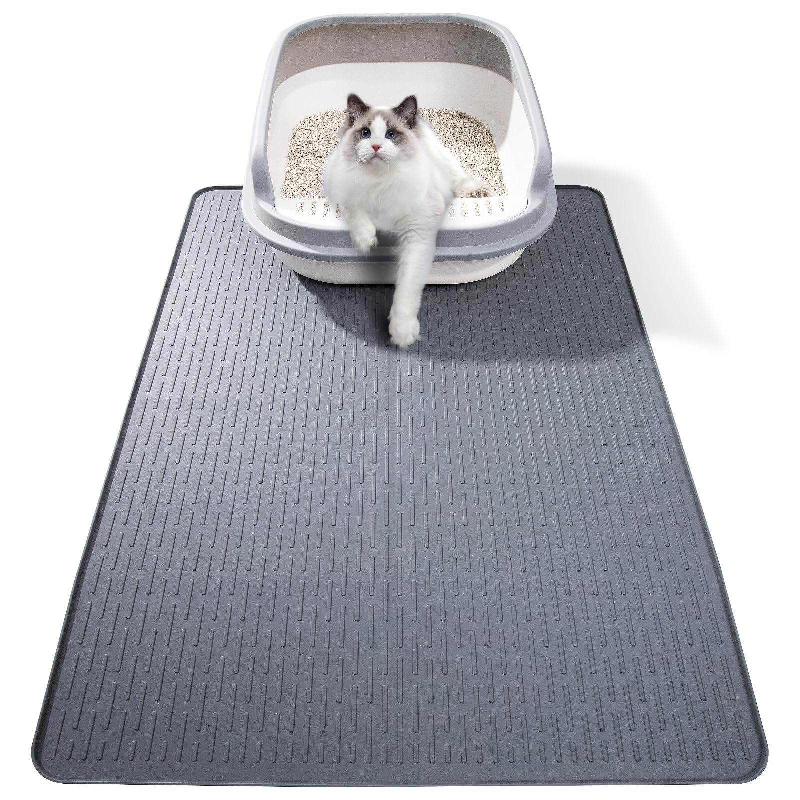 Silicone Cat Litter Mat, 34x22 in Waterproof Litter Box Mat Cats Feeding Mats with Raised Edges, Quick Clean Desig (Grey)