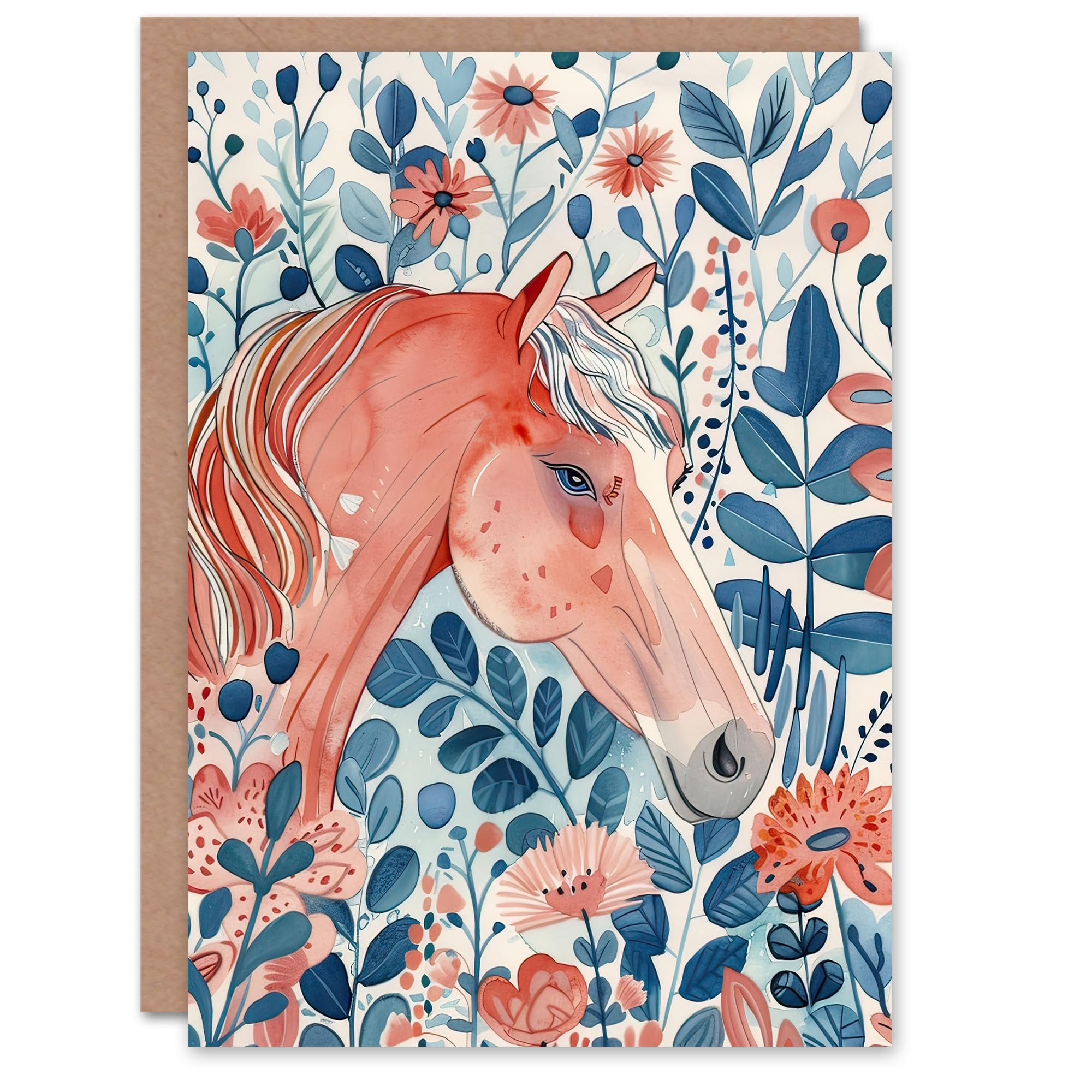 Artery8 Greeting Card Horse in Flower Field Pink Blue Watercolour For Her Woman Birthday Card