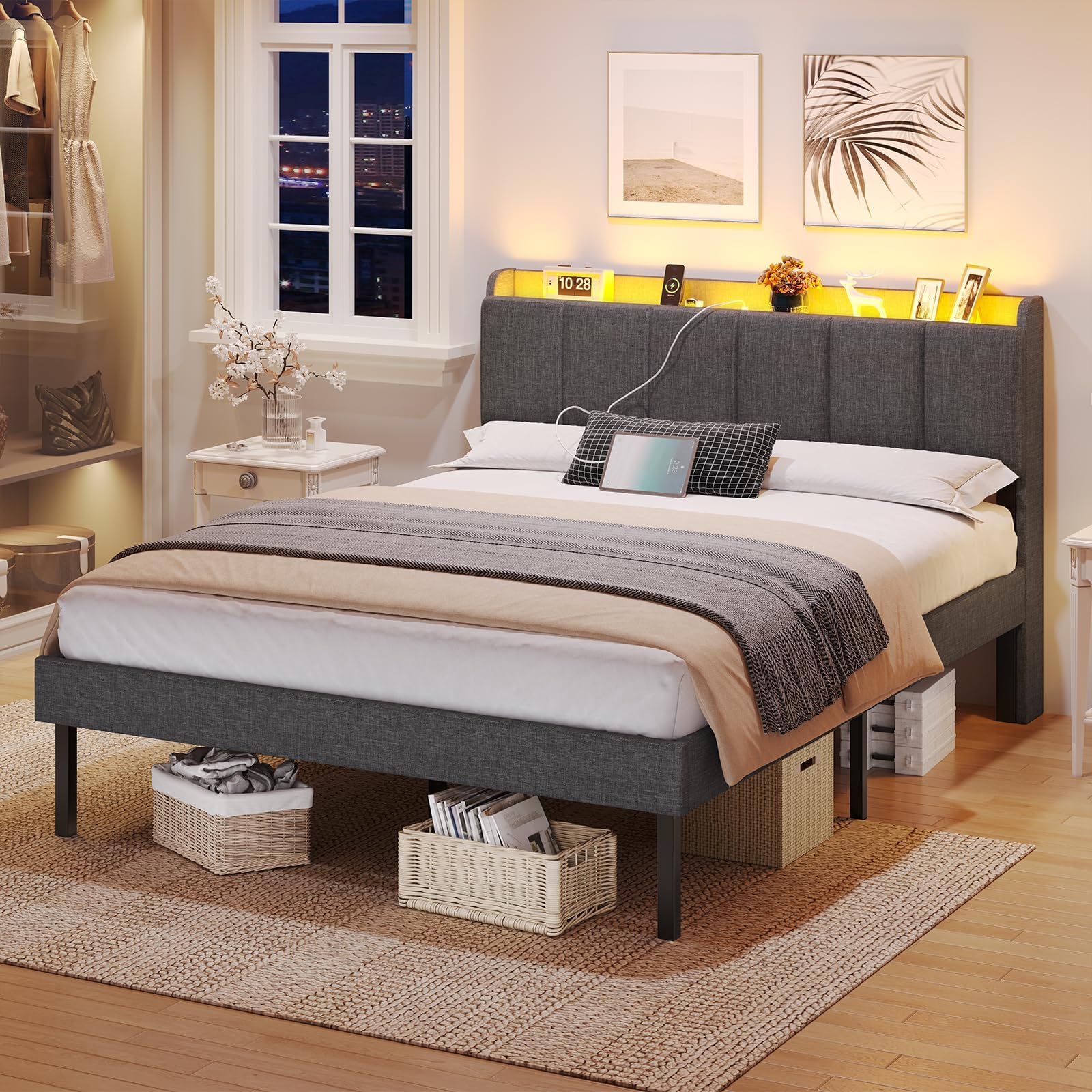Lit 2 Personnes 140x190 Avec LED Et Prises USB – Tête De Lit Velours Beige – Cadre Avec Rangement