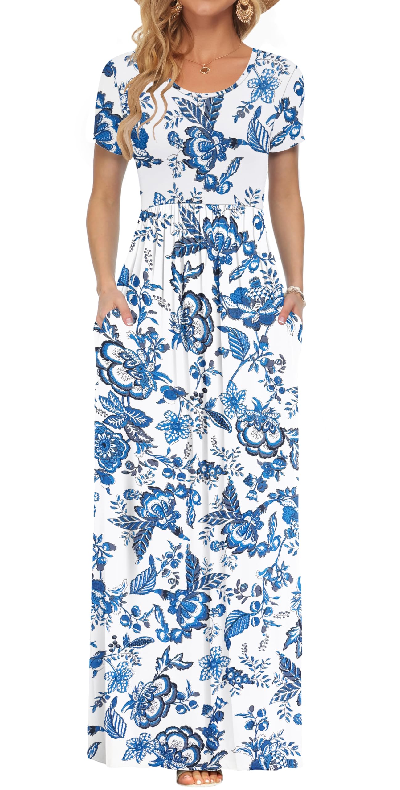 AUSELILY Women's Summer Short Sleeve Loose Plain Casual Long Maxi Dresses | Year Round wear solid floral print, Casual wear, Empire waist, Floor length, Side pockets
