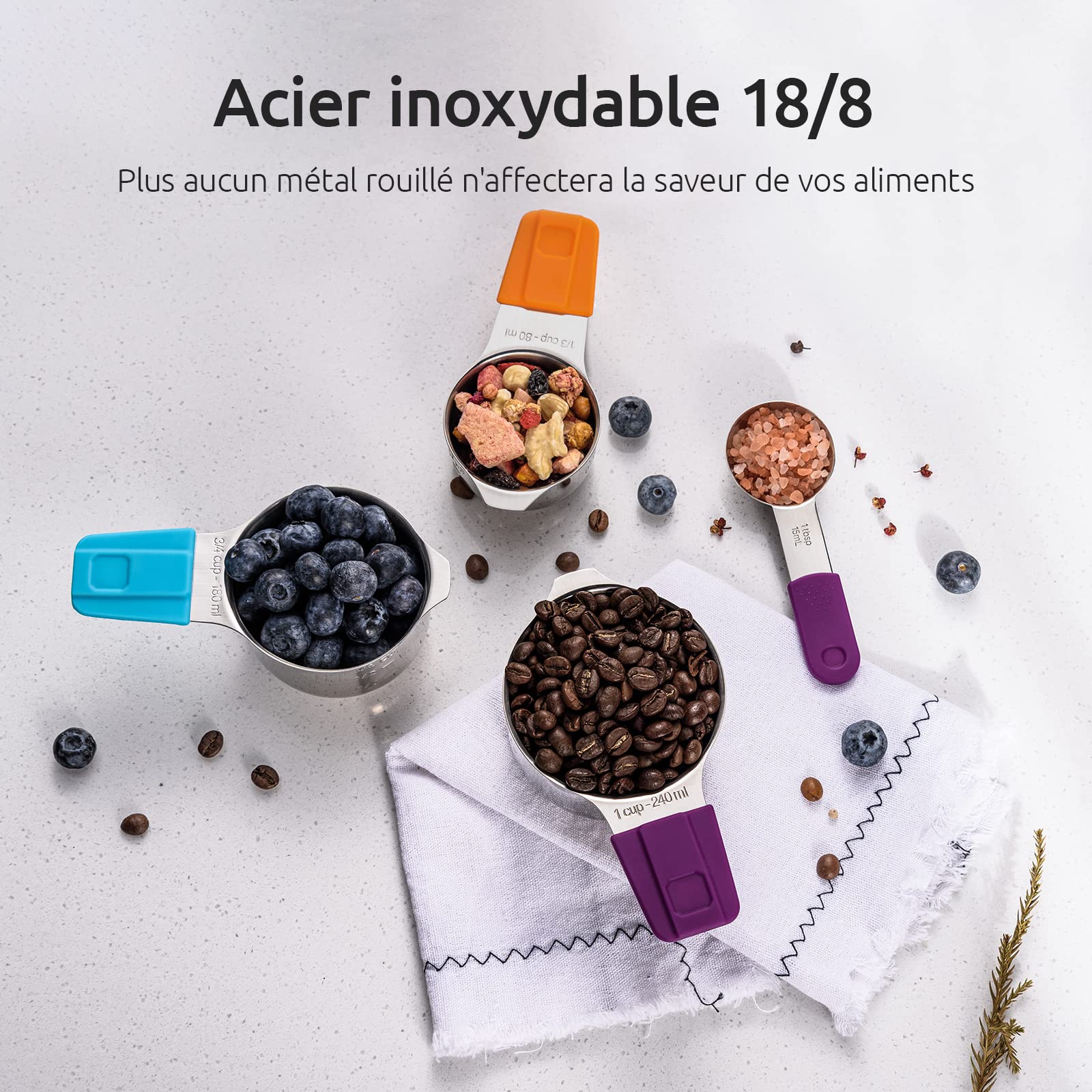 U-Taste Lot de 13 Tasses et Cuillères à Mesurer Magnétiques, Couleur | Ustensiles de mesure en métal pour la cuisine et la pâtisserie (ingrédients secs et liquides)